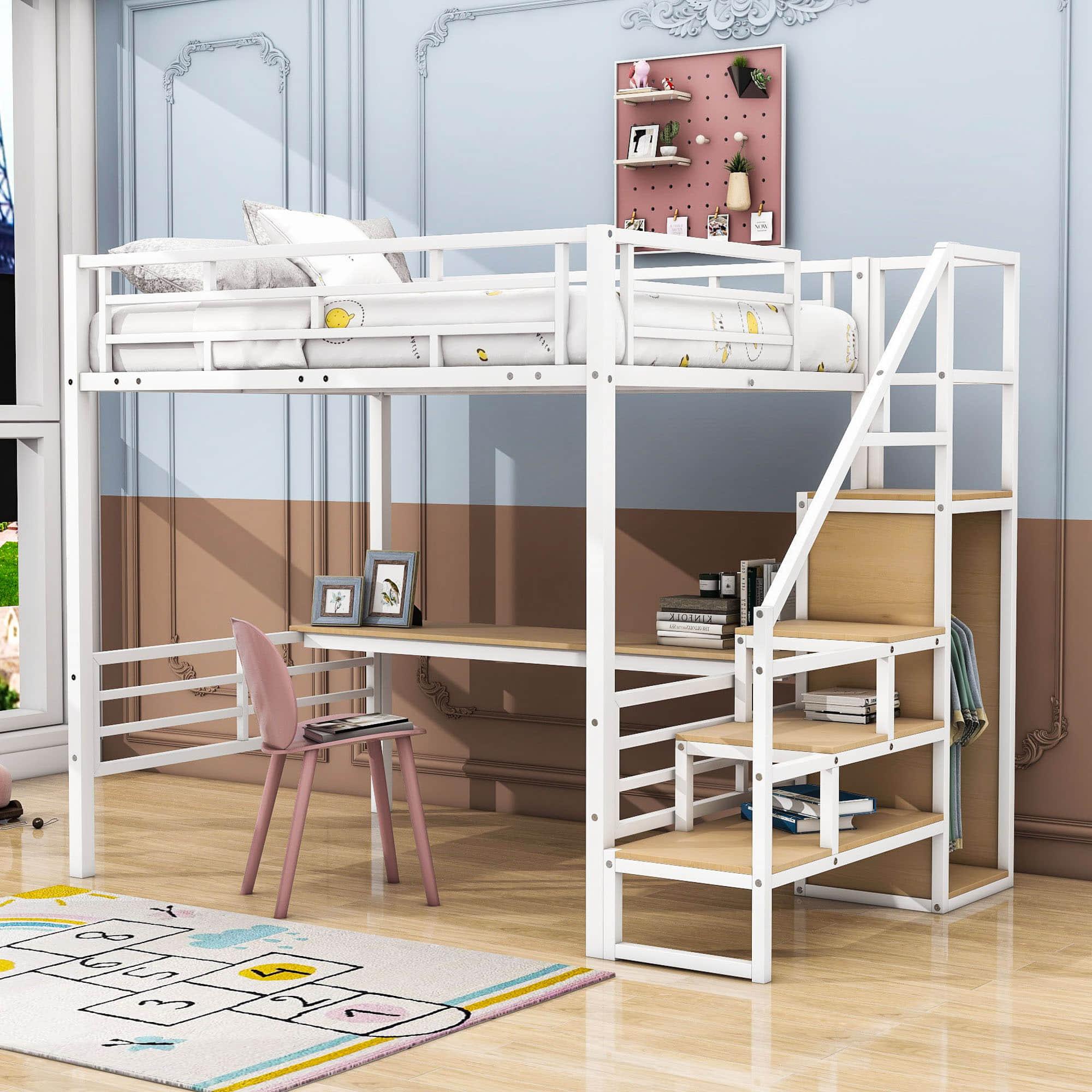 Full Size Loft Bed with Desk and Storage Stairs for Kids, Adult - [Wardrobe, Convertible]