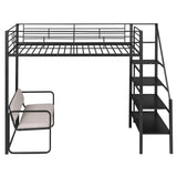 Metal Twin Loft Bed with Stairs and Couch, Storage Shelves for Kids, Adult