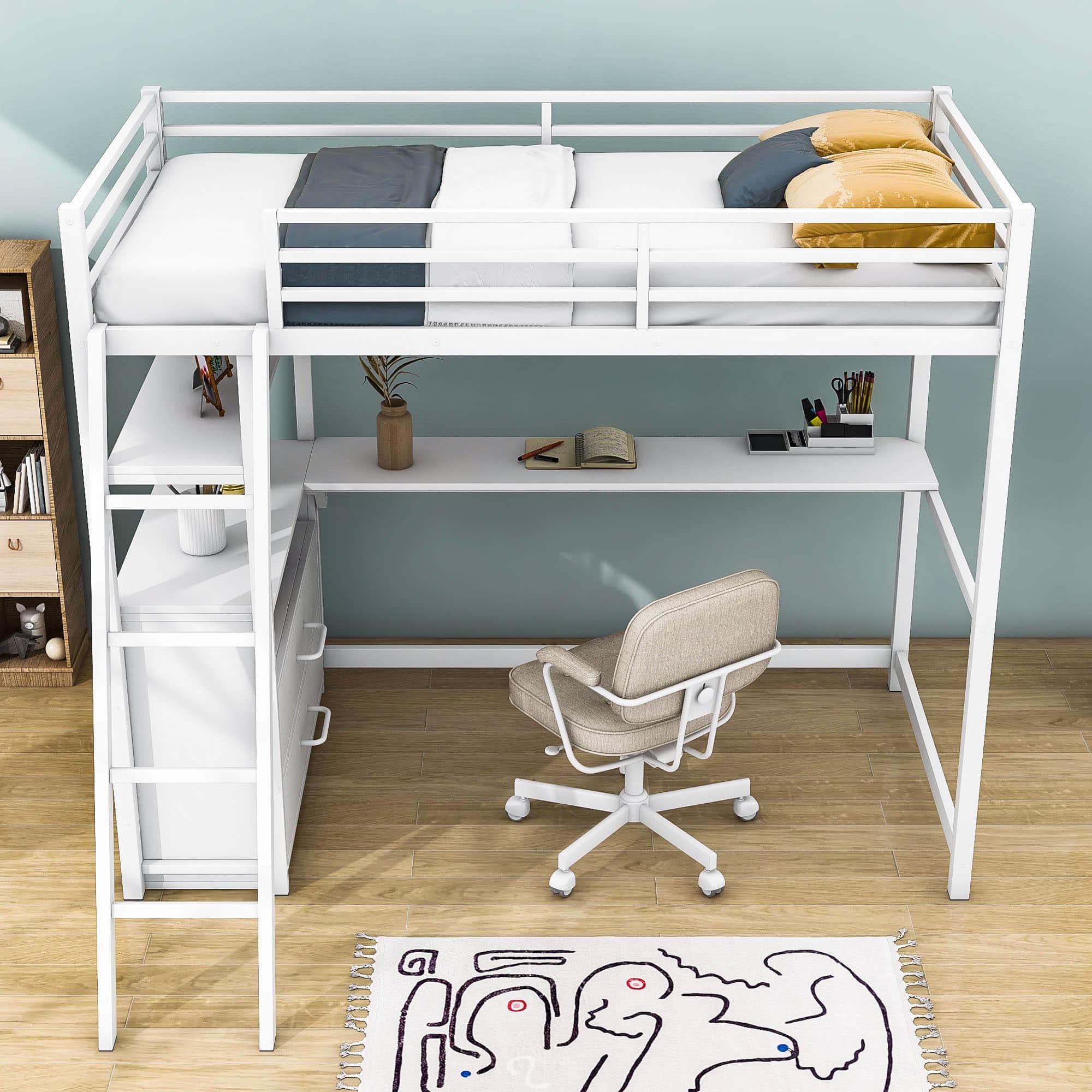 Metal Twin Size Loft Bed with Desk and Storage for College, Dorms