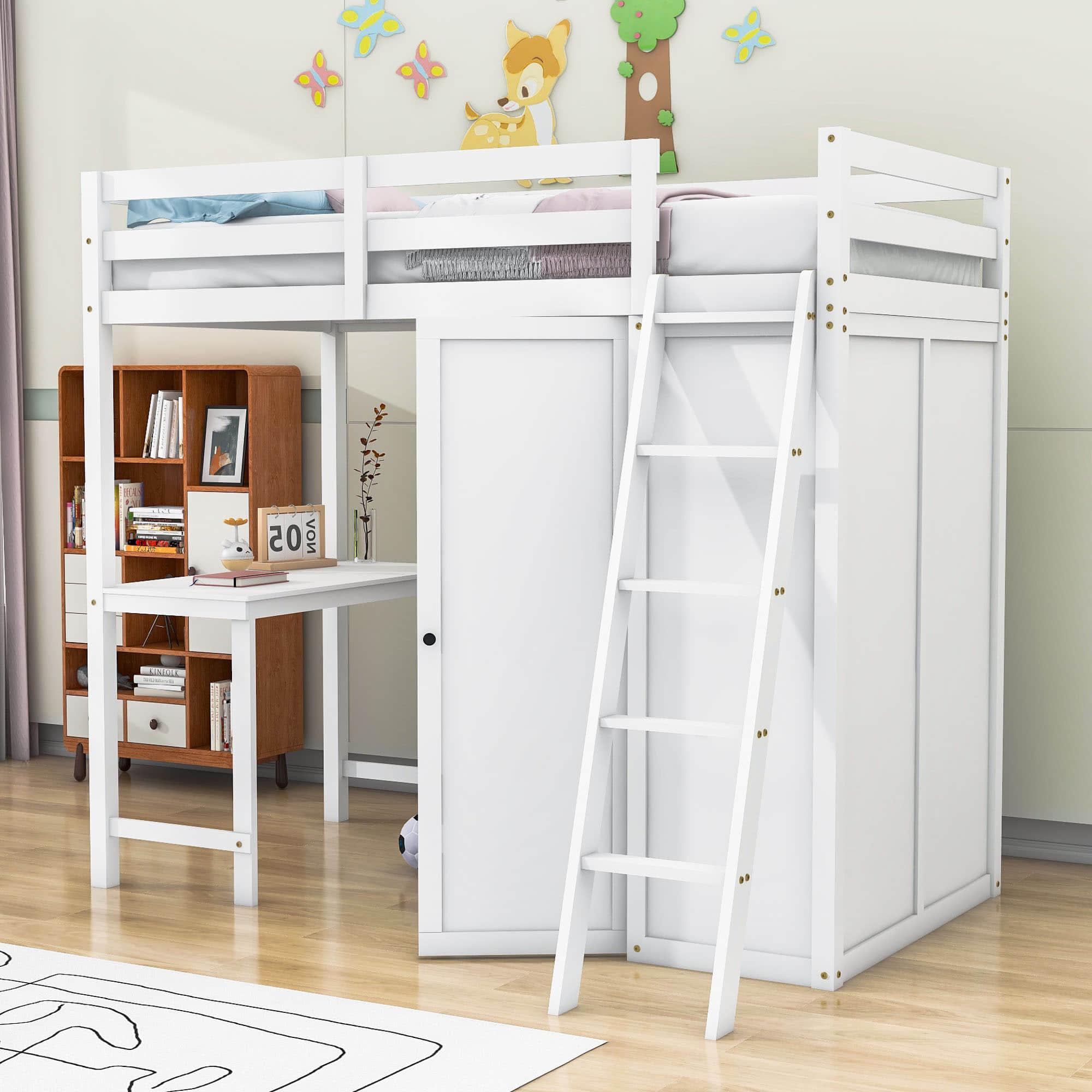 Wood Twin Loft Bed with Desk and Storage for Adults, Kids - [Wardrobe]