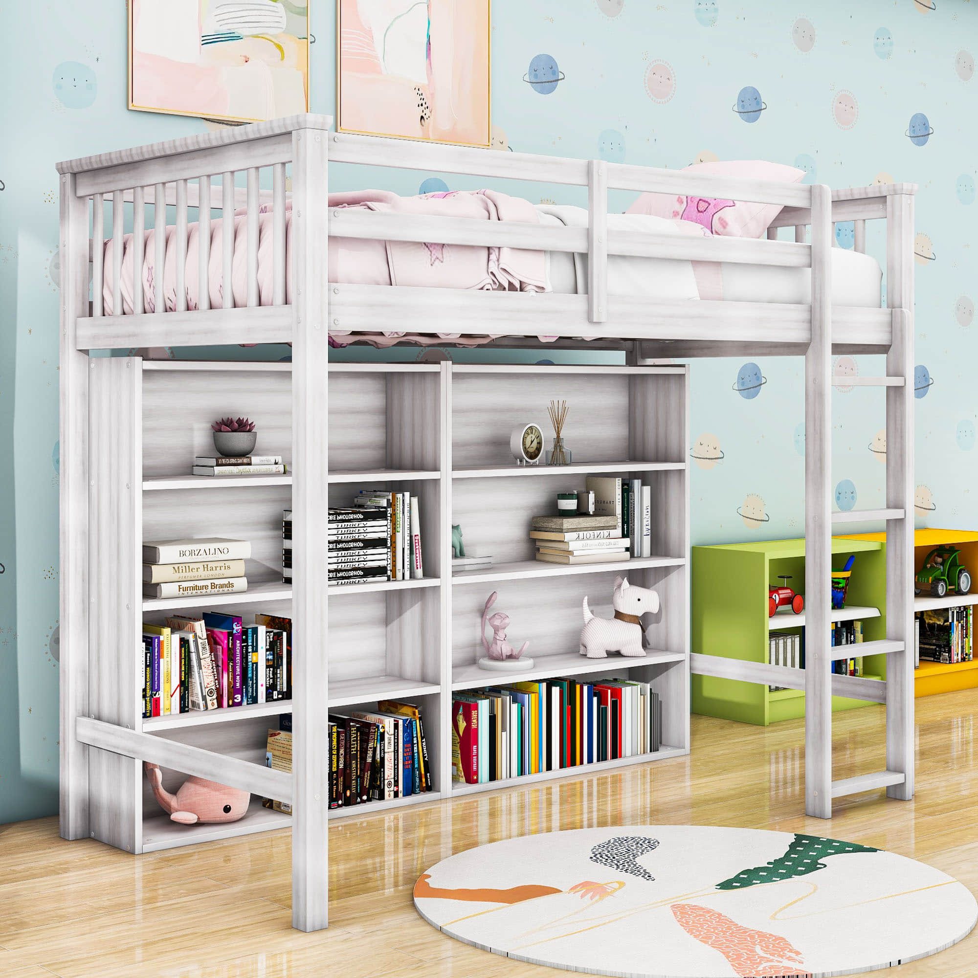 Wood Twin Loft Bed with Large Open Storage Shelves for Adults, Kids