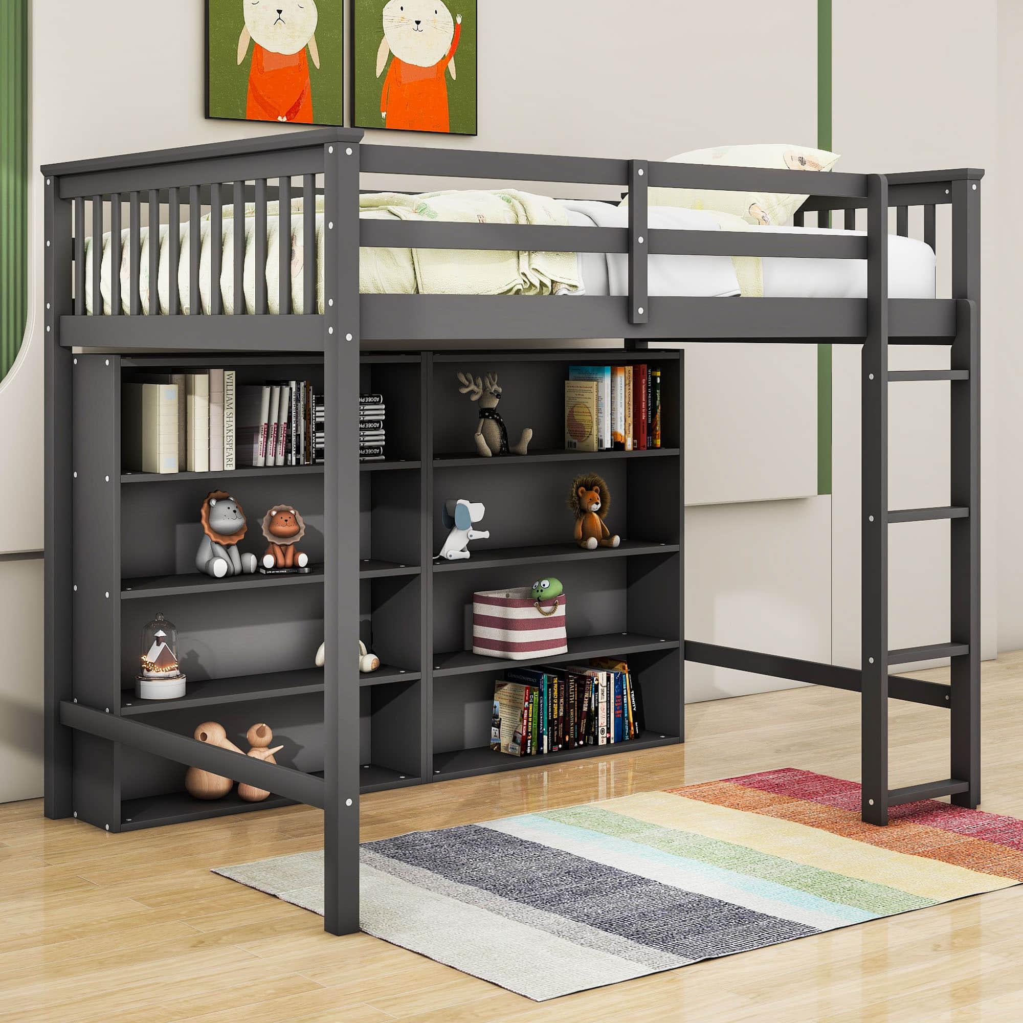 Full Size Loft Bed with Large Open Storage Shelves for Adults, Kids