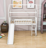 Twin Size Low House Loft Bed with Slide for Kids - [Wood]