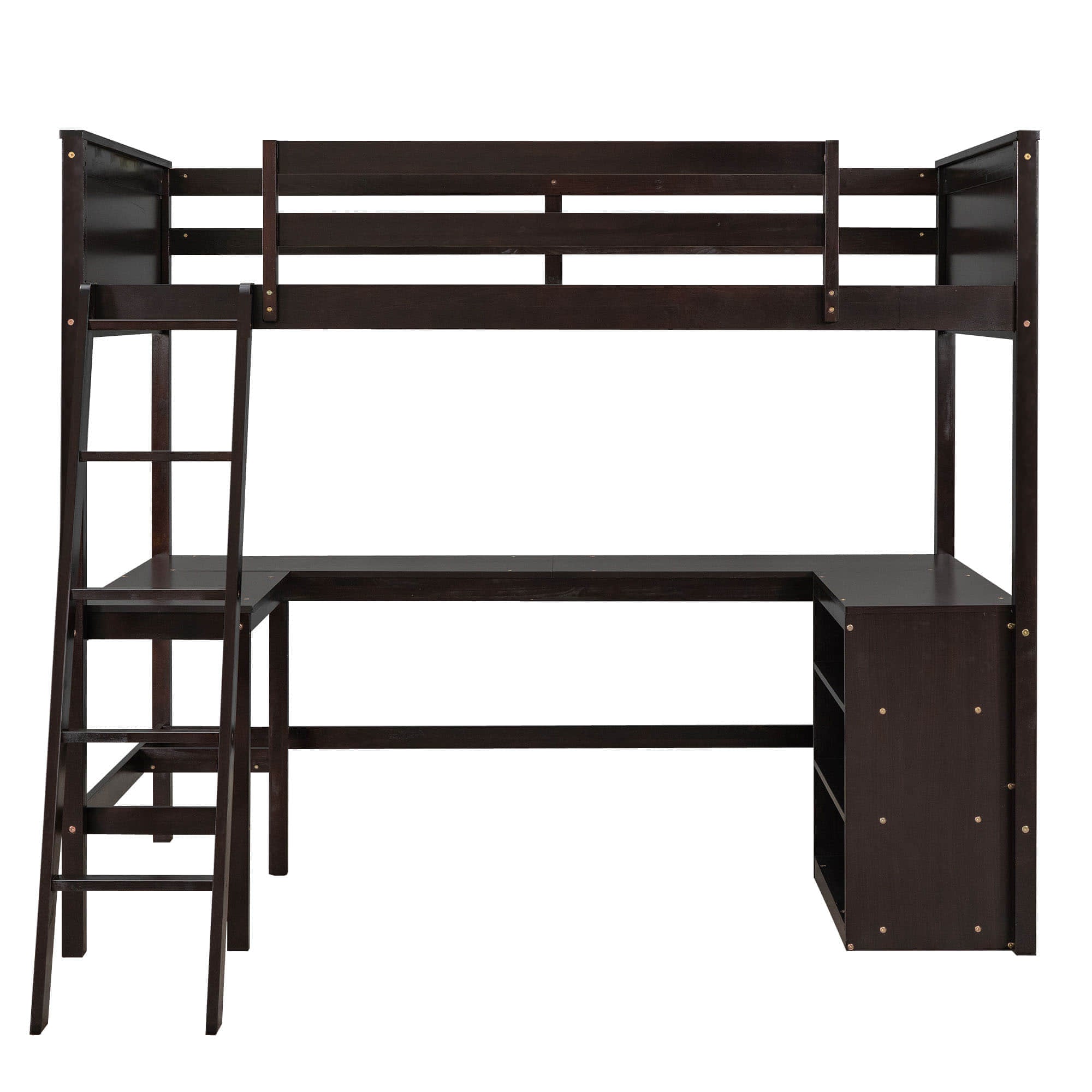 Wood Twin Size Loft Bed with Desk and Storage Shelves for Kids, Adult