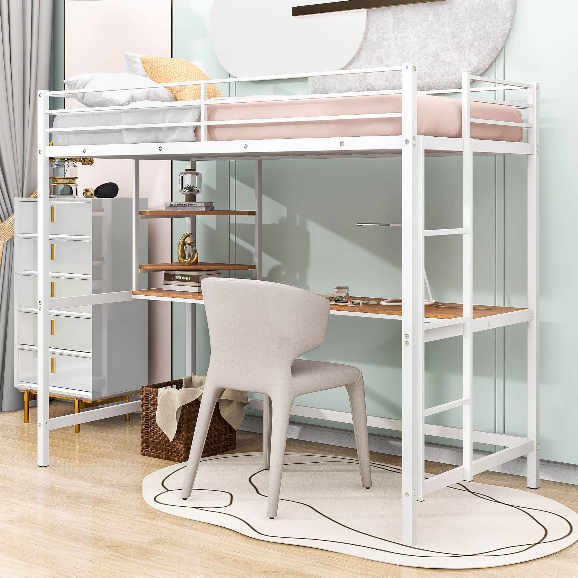 Metal Twin Loft Bed with Desk and Storage Shelves for Adults, Teens