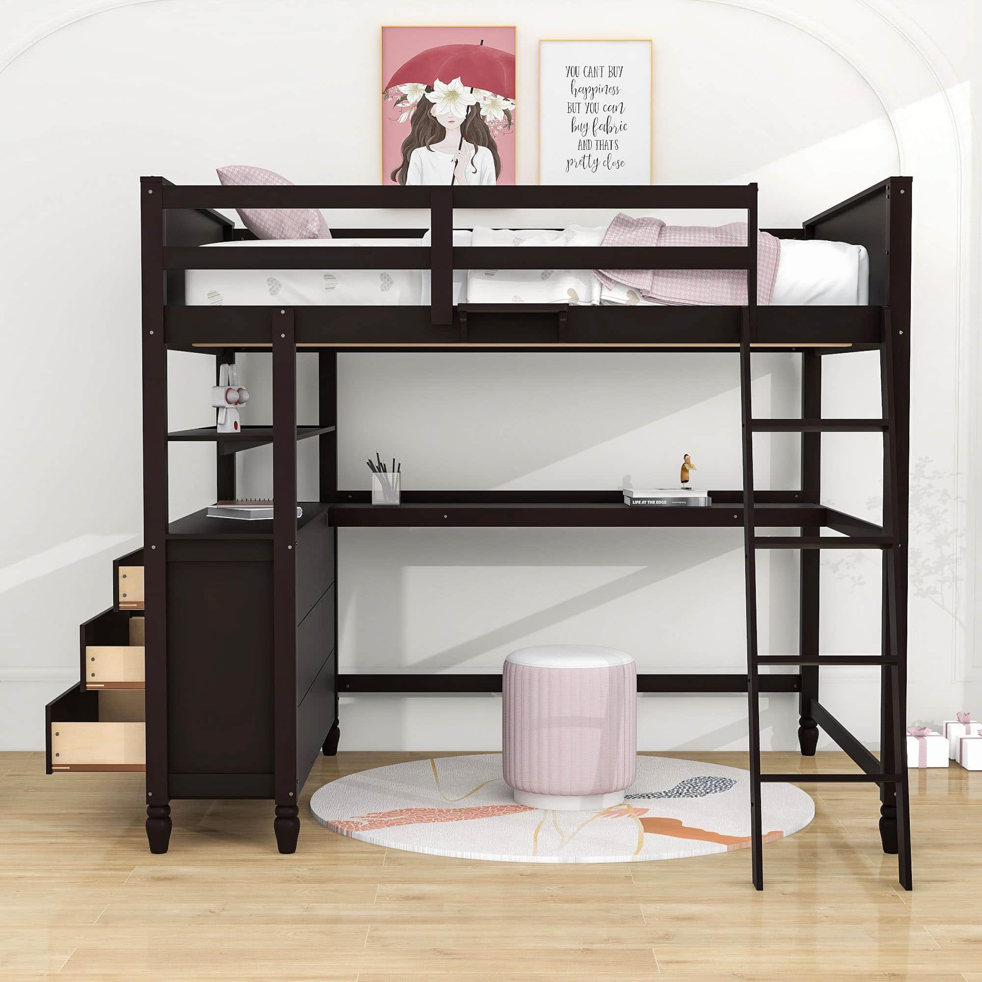 Full Size Loft Bed with Desk and Storage Dresser for Adult, Kids - [Wood, Drawers, Shelves]