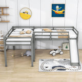 L-Shaped Low Double Twin Loft Bed with Slide for Kids - [Wood]