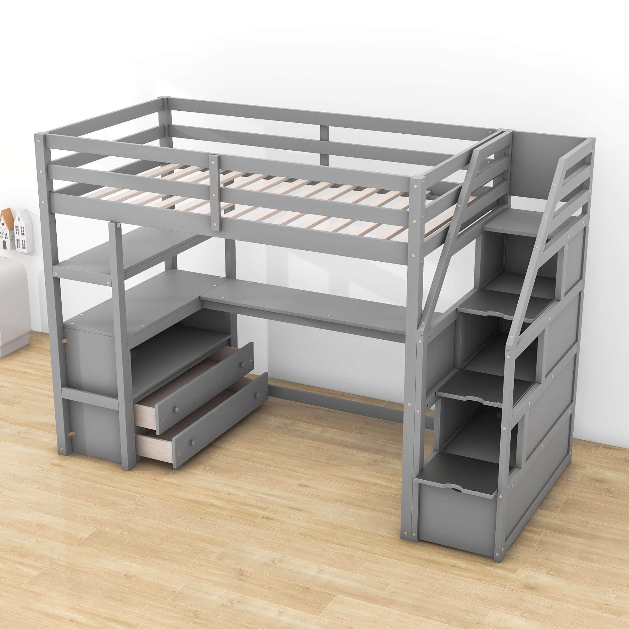 Twin Loft Bed with Desk and Stairs, Storage for Kids, Adults - [Wooden]