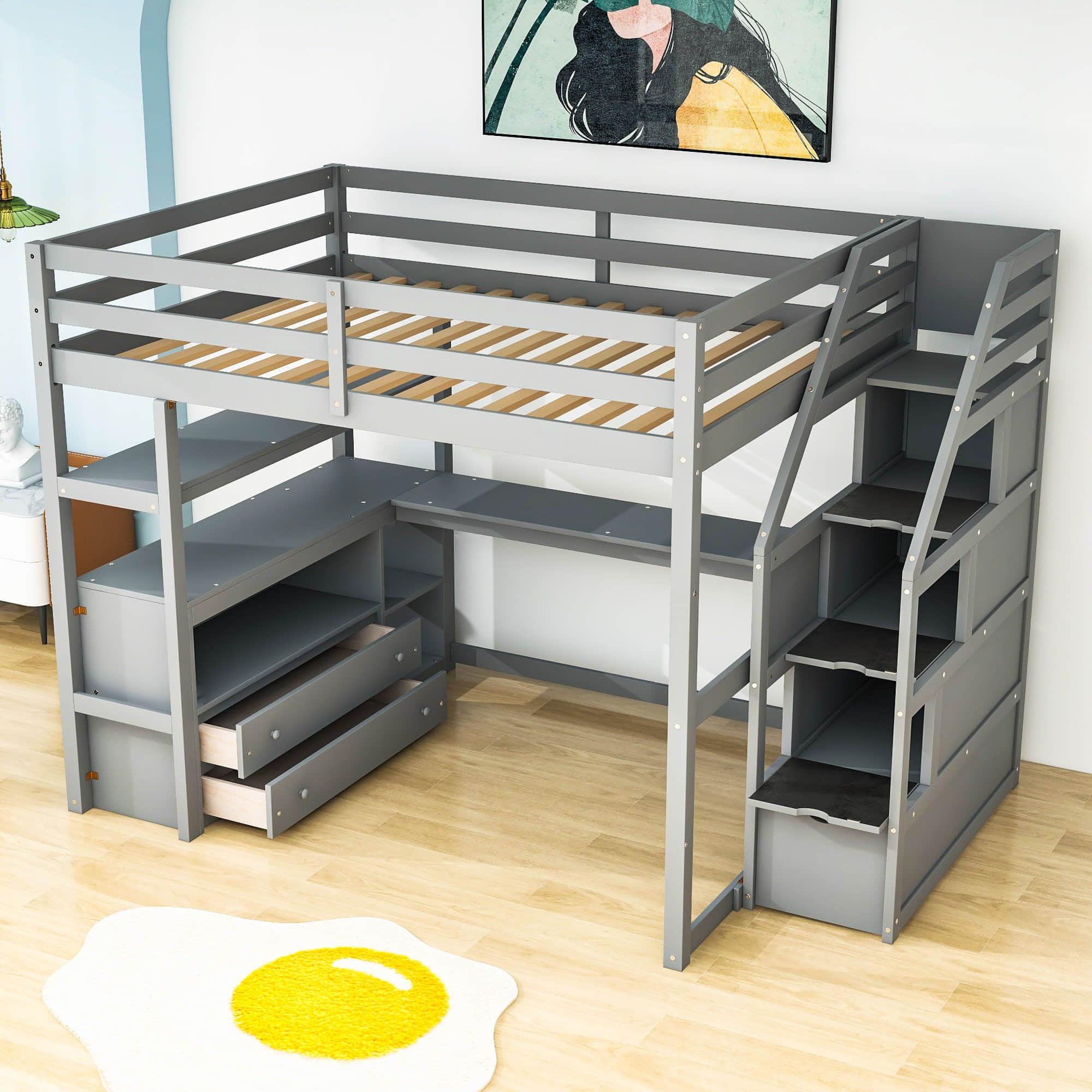 Full Loft Bed with Desk and Stairs, Storage for Kids, Adults - [Wooden]