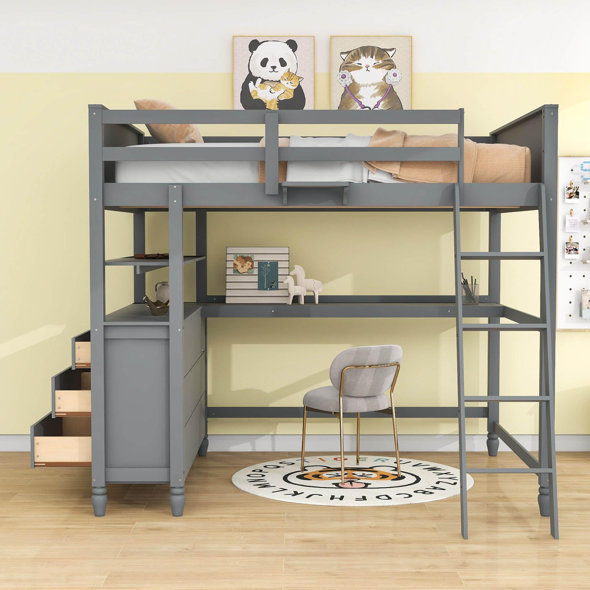 Full Size Loft Bed with Desk and Storage Dresser for Adult, Kids - [Wood, Drawers, Shelves]