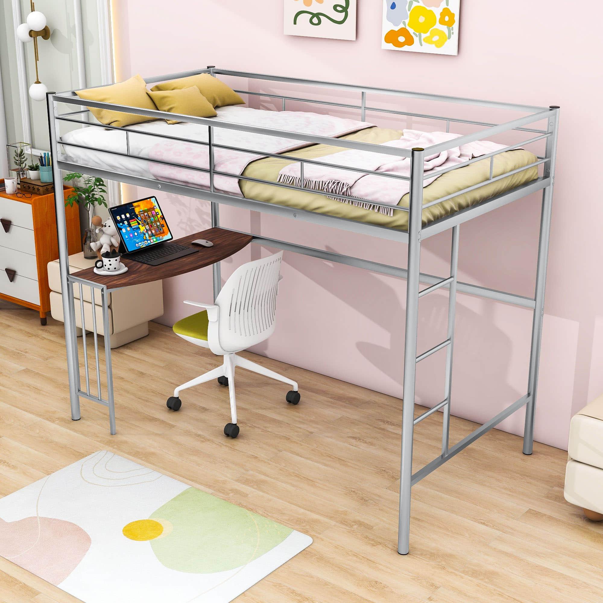 Twin Metal Loft Bed with Desk Underneath for Teen, Junior, Adult