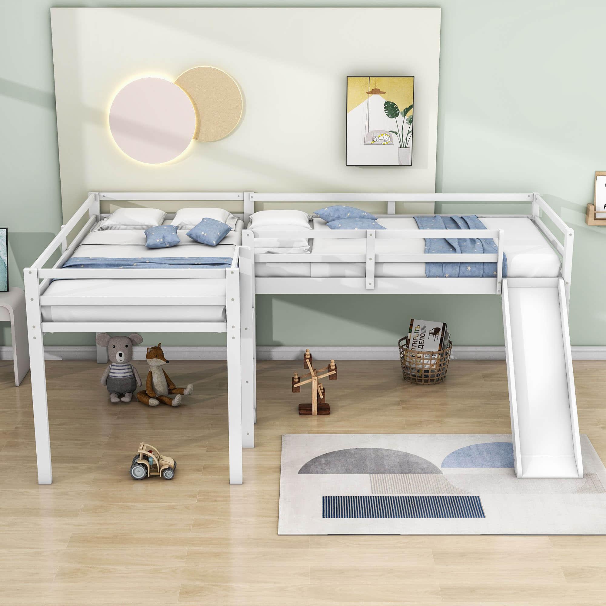 L-Shaped Low Double Twin Loft Bed with Slide for Kids - [Wood]