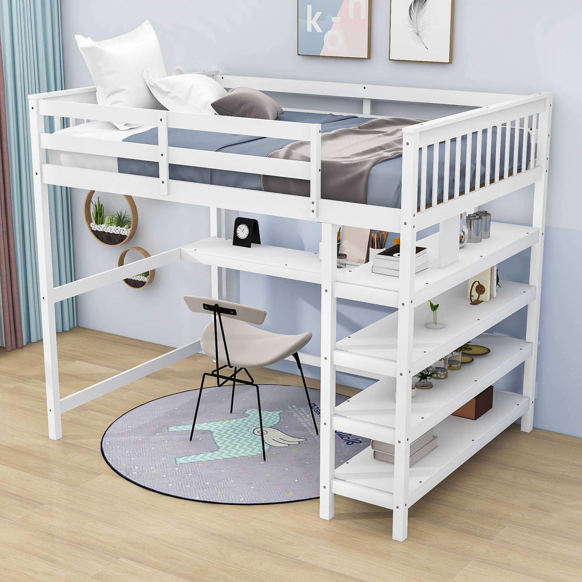 Full Size Loft Bed with Desk and Storage Shelves for Adults, Kids