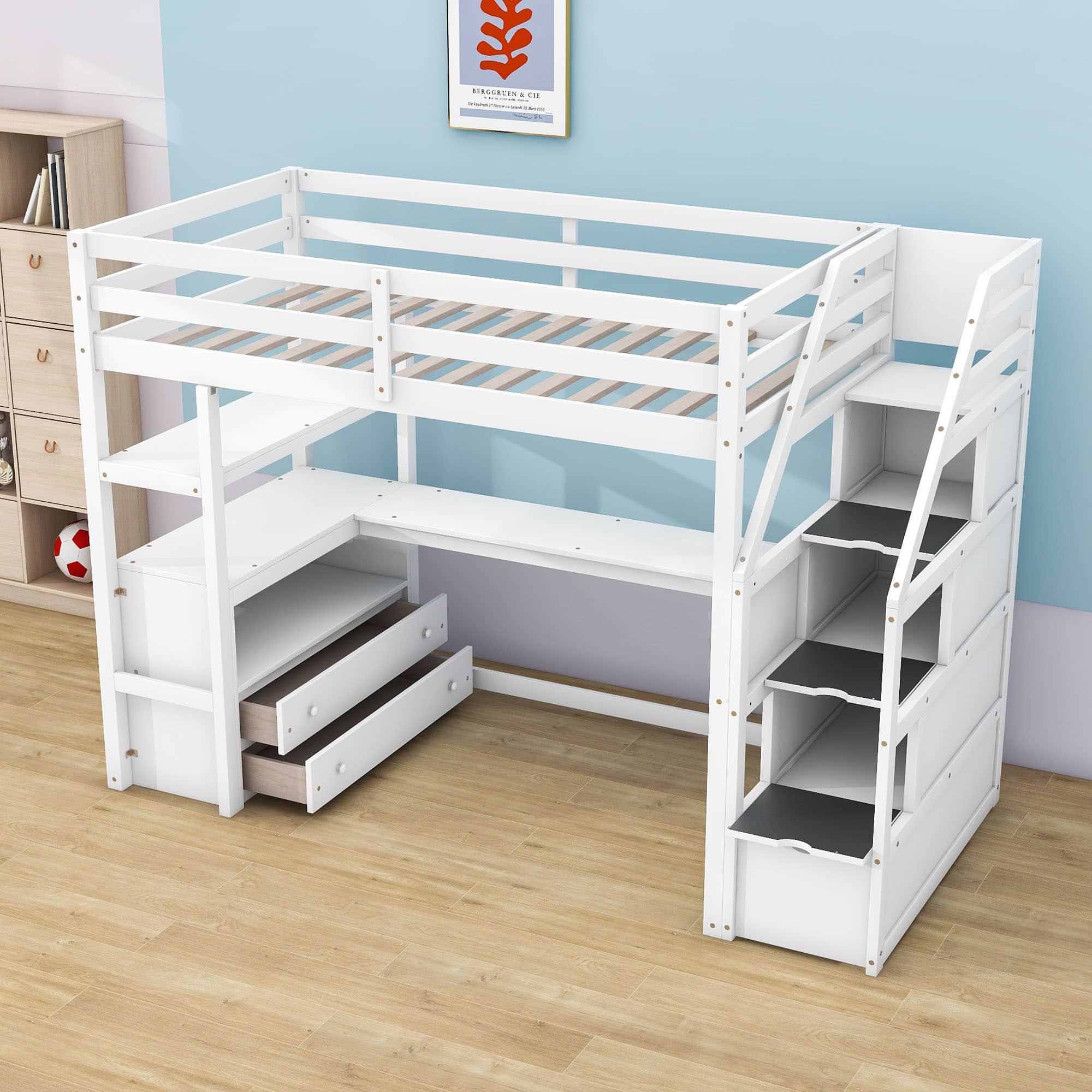 Twin Loft Bed with Desk and Stairs, Storage for Kids, Adults - [Wooden]