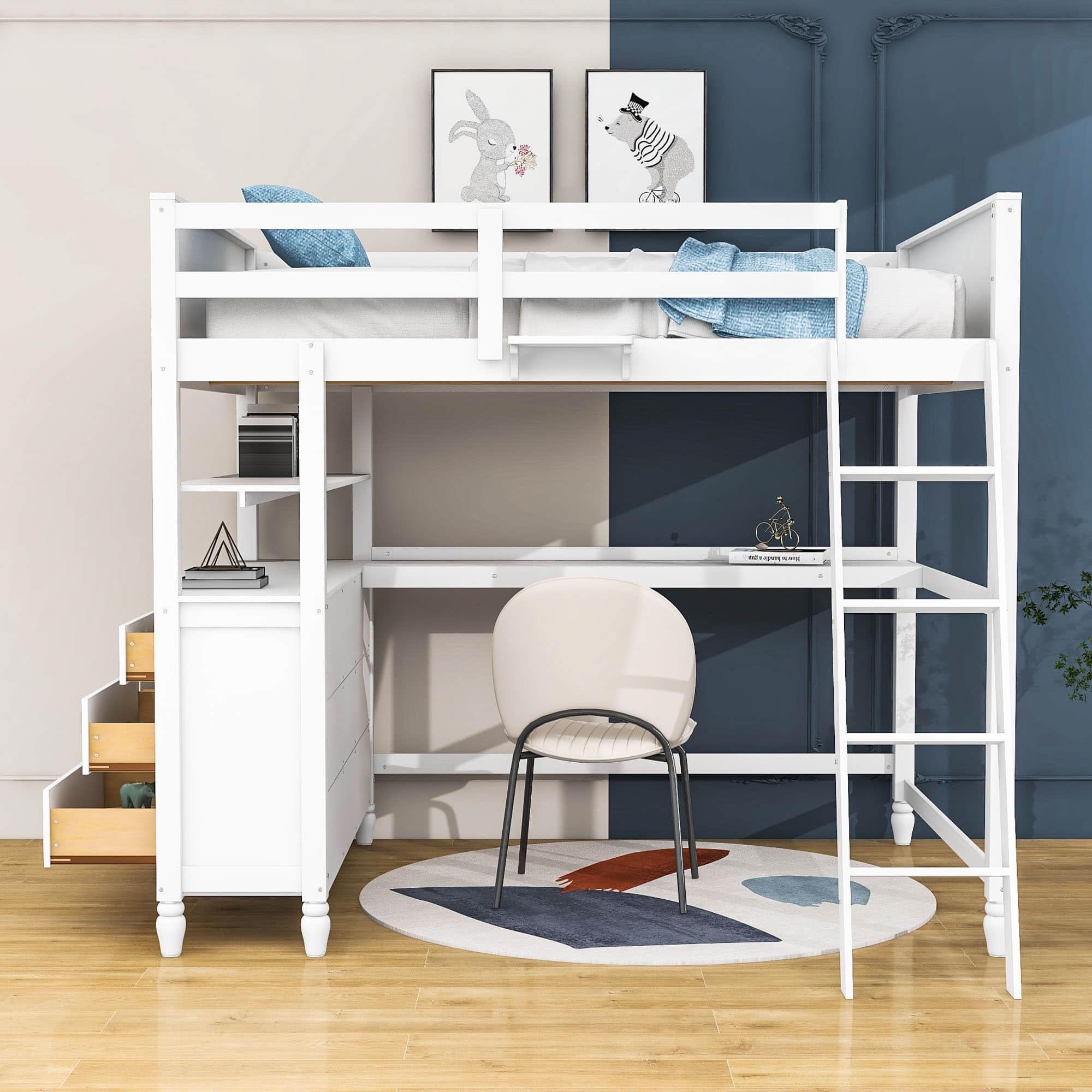 Full Size Loft Bed with Desk and Storage Dresser for Adult, Kids - [Wood, Drawers, Shelves]