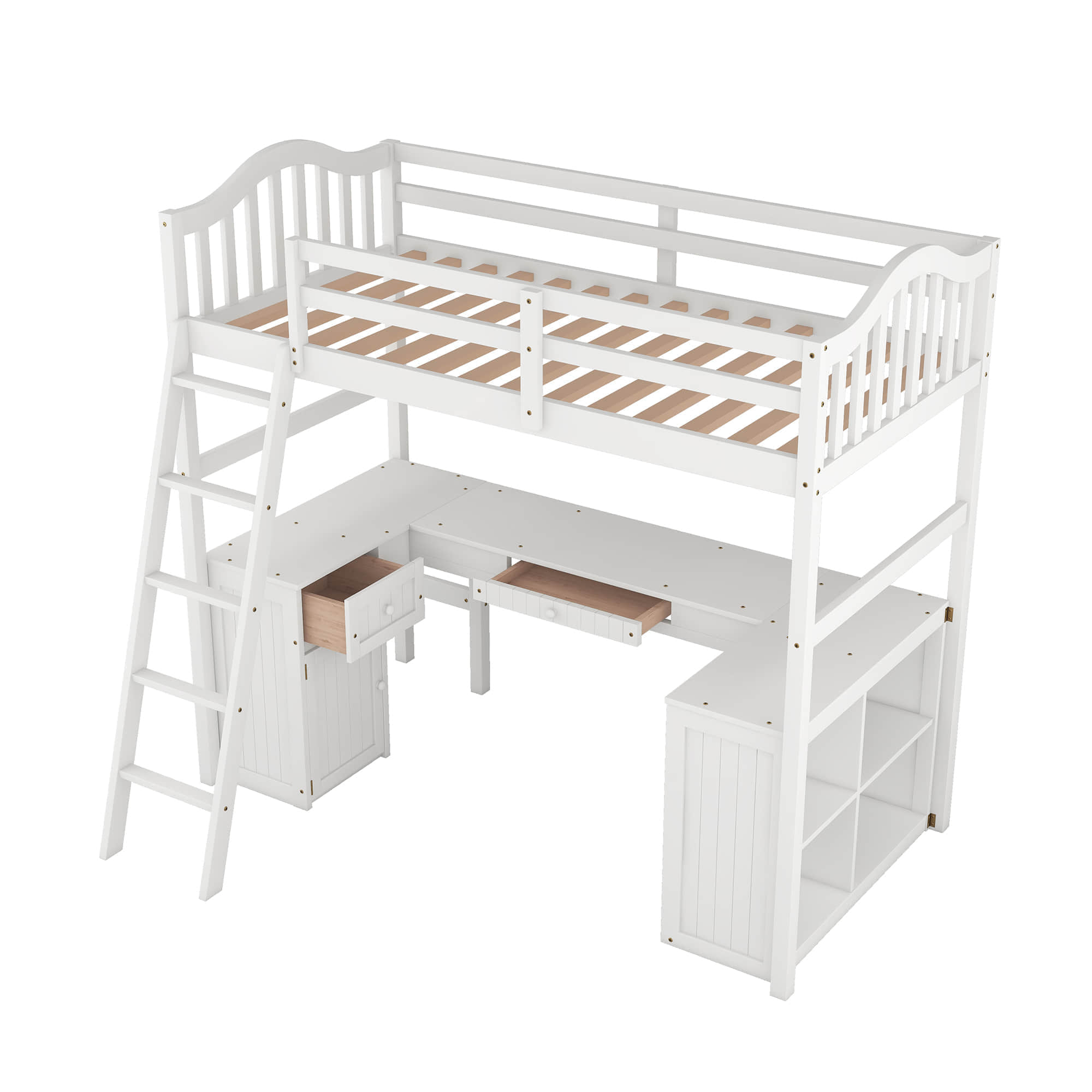 Twin High Loft Bed with Desk and Drawers, Shelves - [Cabinet, Ladder, Wood]