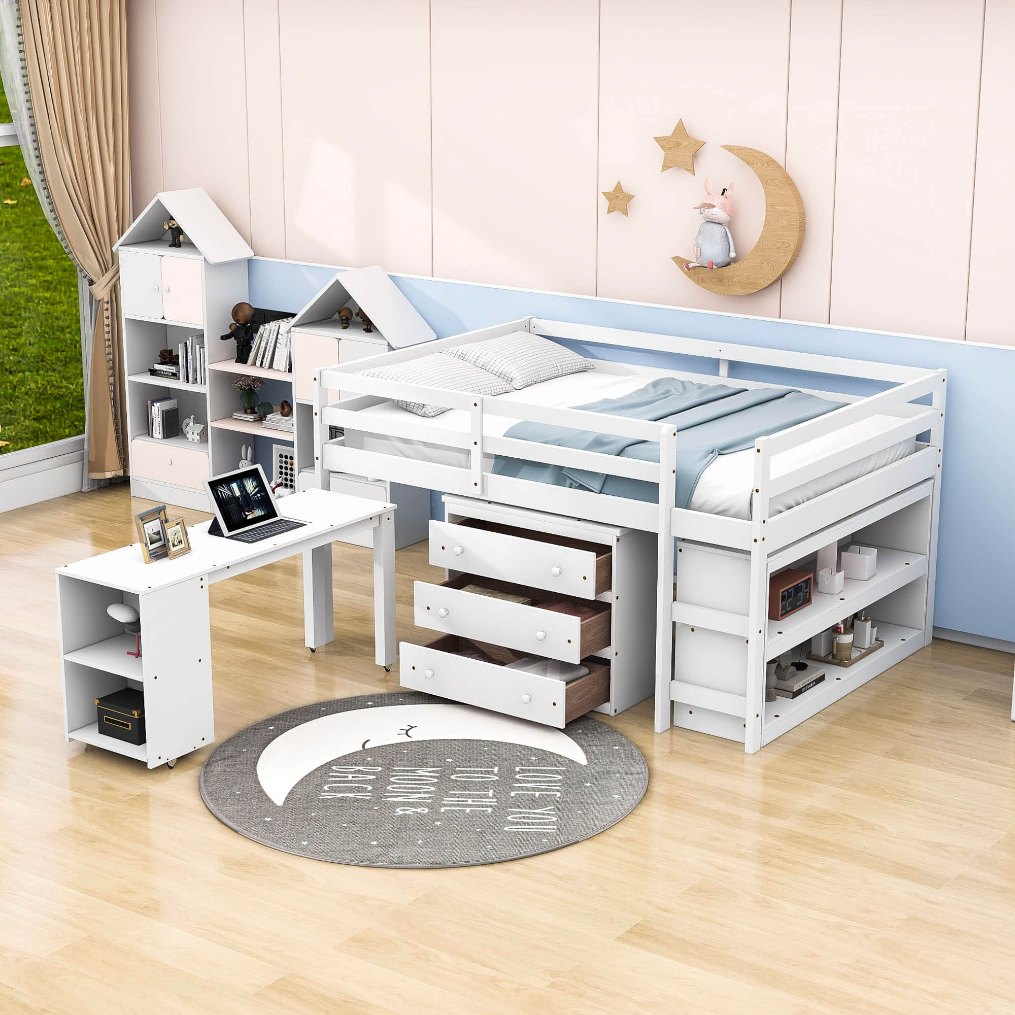 Montessori Full Low Loft Bed with Desk and Storage for Kids - [Shelves, Dresser, Drawers, Ladder, Wood]