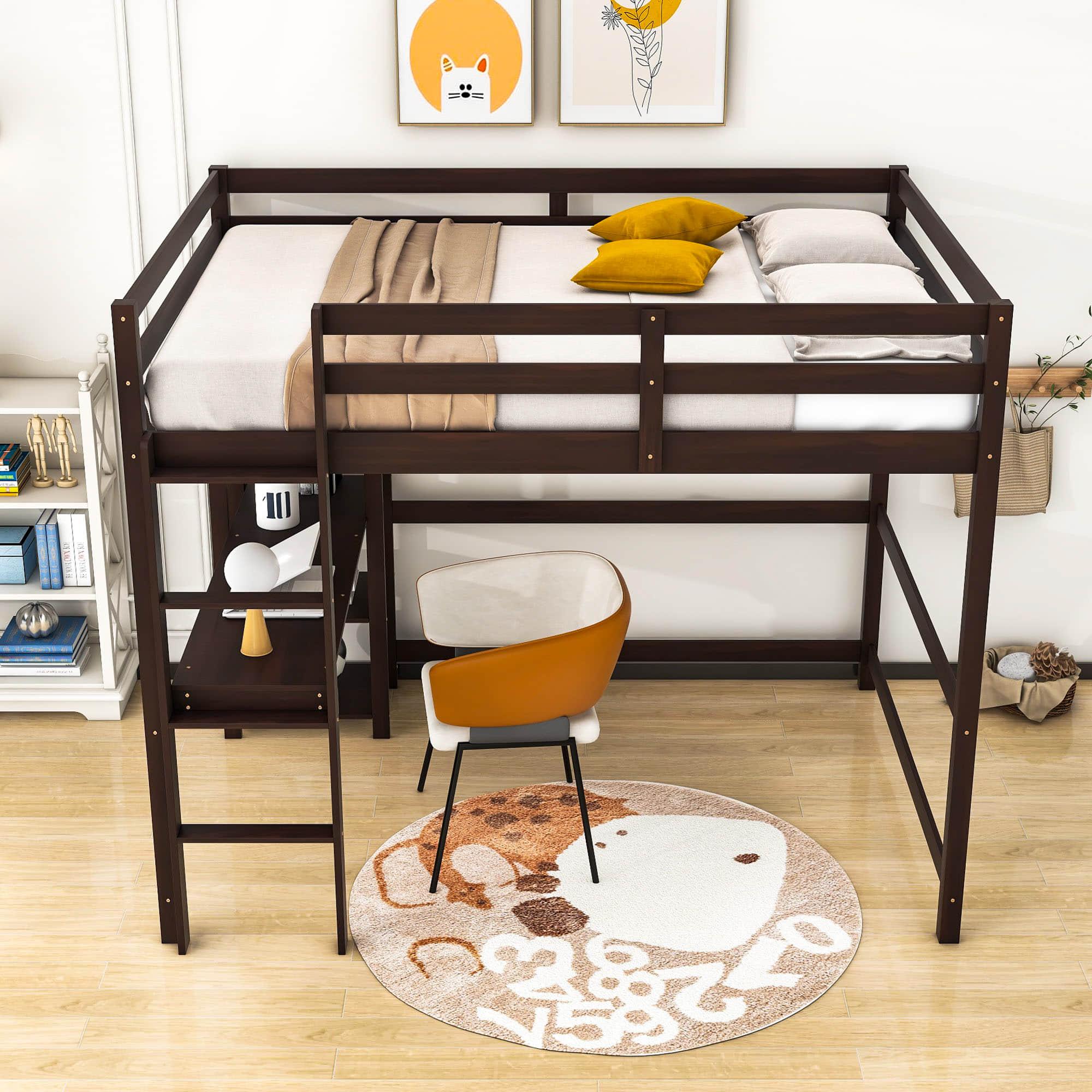 Wood Full Size Loft Bed with Desk and Storage Shelves for Kids, Teens