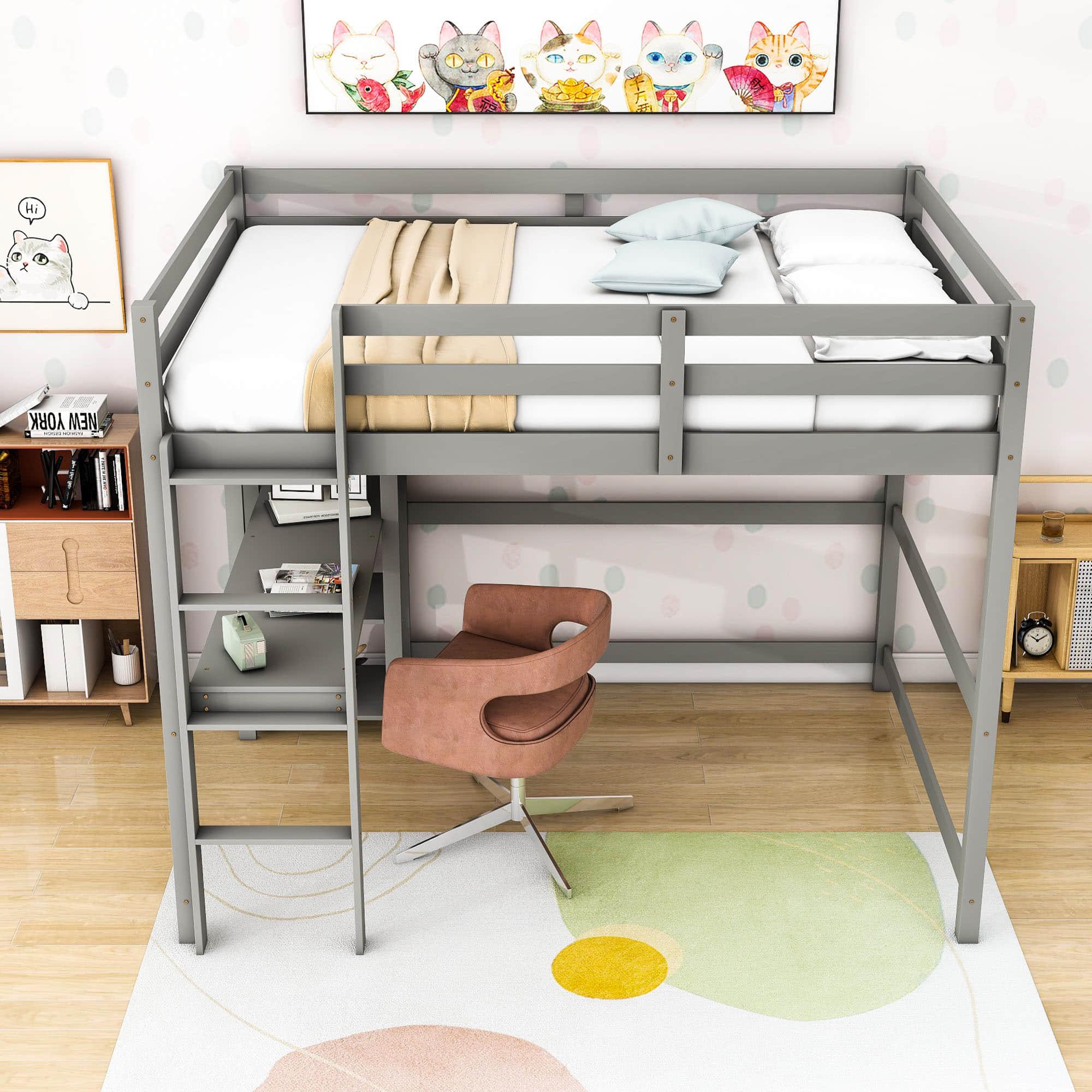 Wood Full Size Loft Bed with Desk and Storage Shelves for Kids, Teens