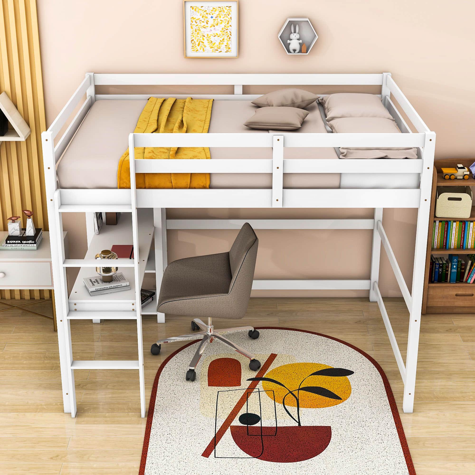 Wood Full Size Loft Bed with Desk and Storage Shelves for Kids, Teens