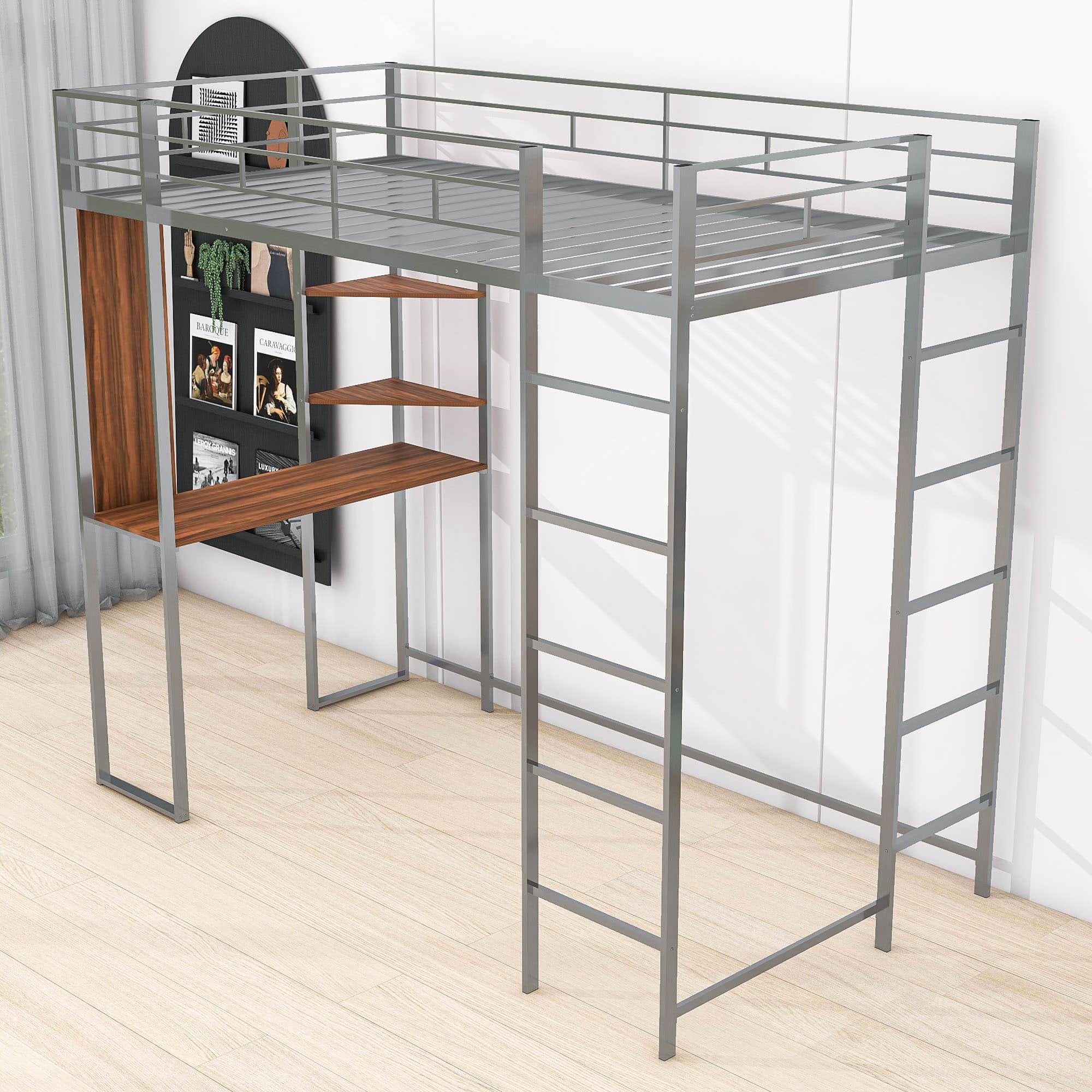 Metal Twin Loft Bed with Desk and Storage Shelves for Teens, Junior, Adult