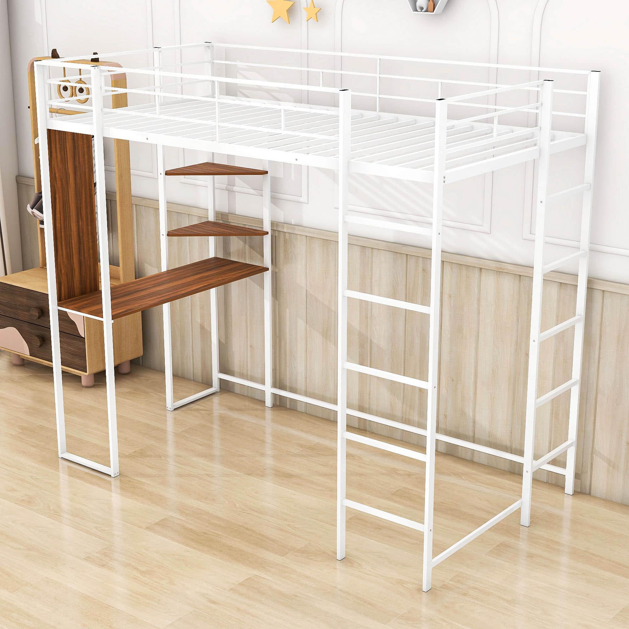 Metal Twin Loft Bed with Desk and Storage Shelves for Teens, Junior, Adult