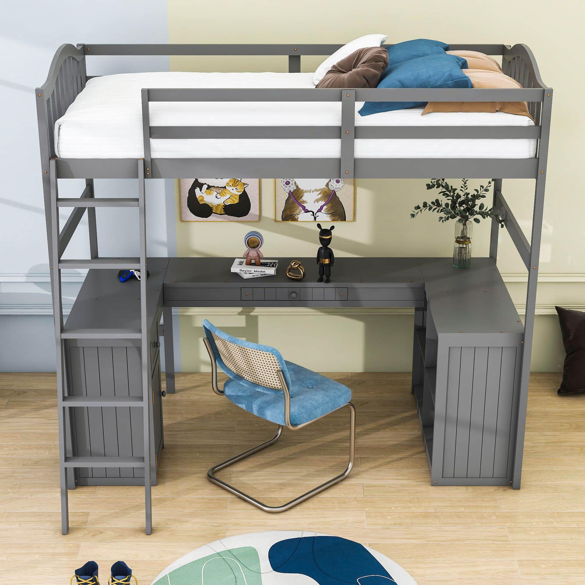 Twin High Loft Bed with Desk and Drawers, Shelves - [Cabinet, Ladder, Wood]