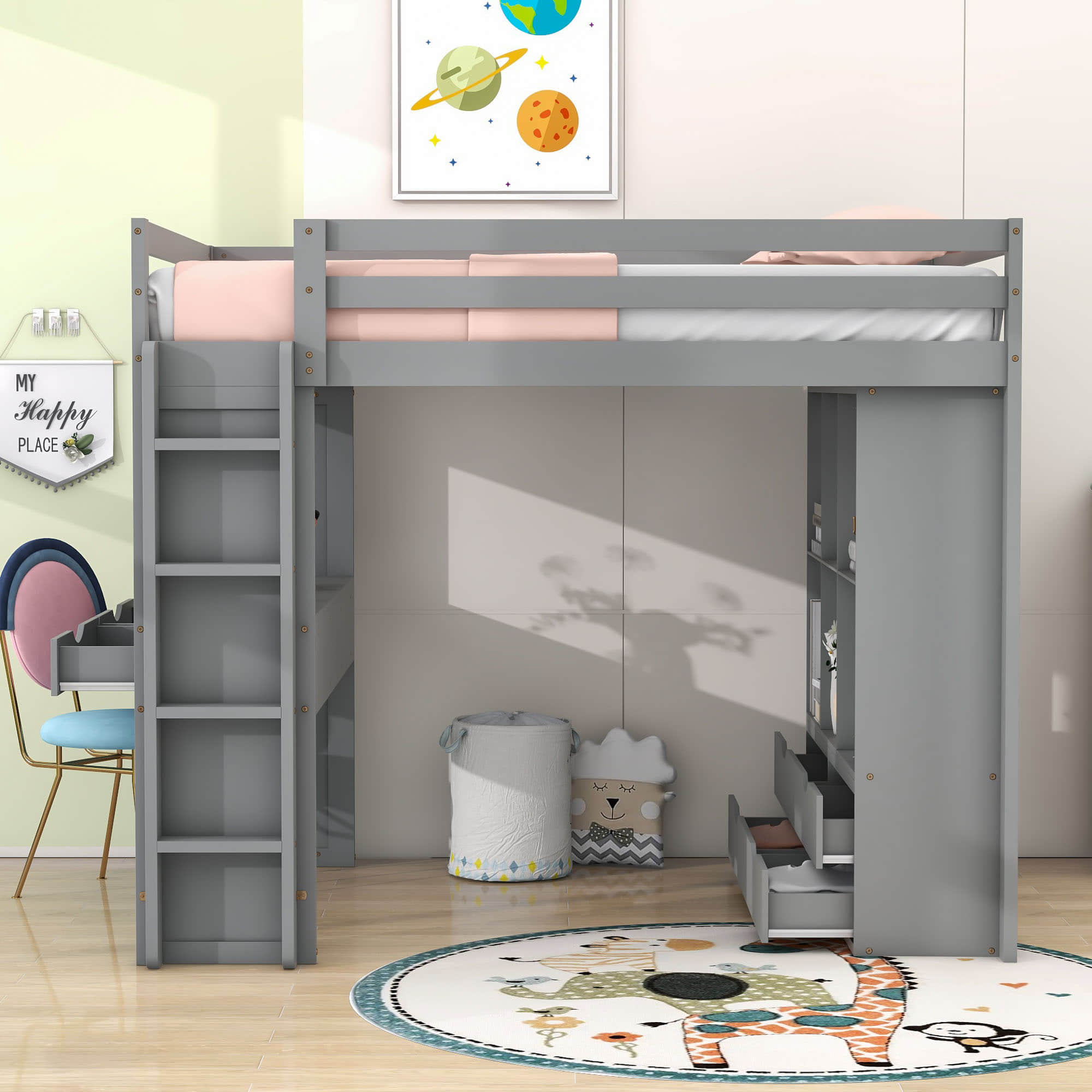 Modern Full Size Loft Bed with Desk and Storage for Adults, Teens