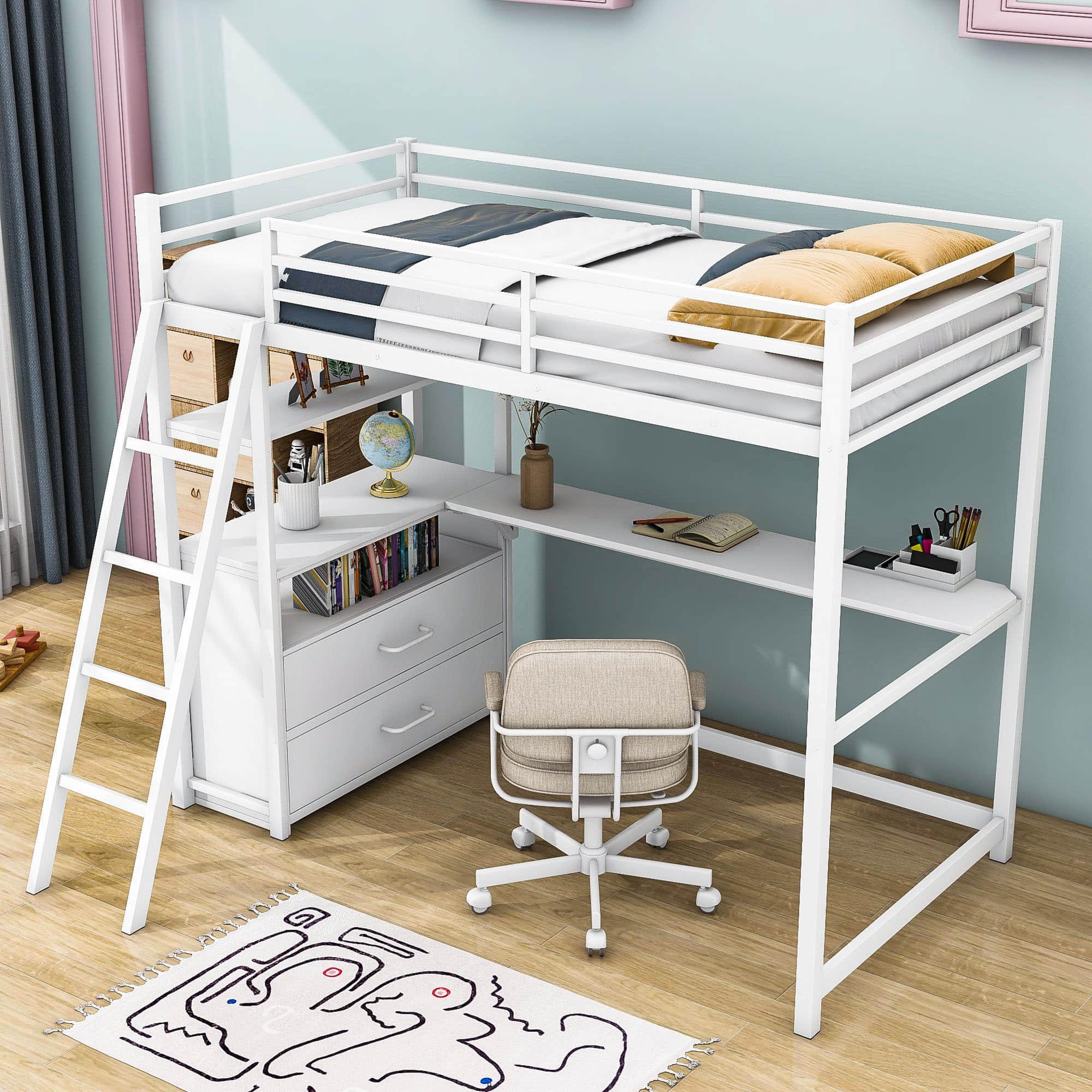 Metal Twin Size Loft Bed with Desk and Storage for College, Dorms