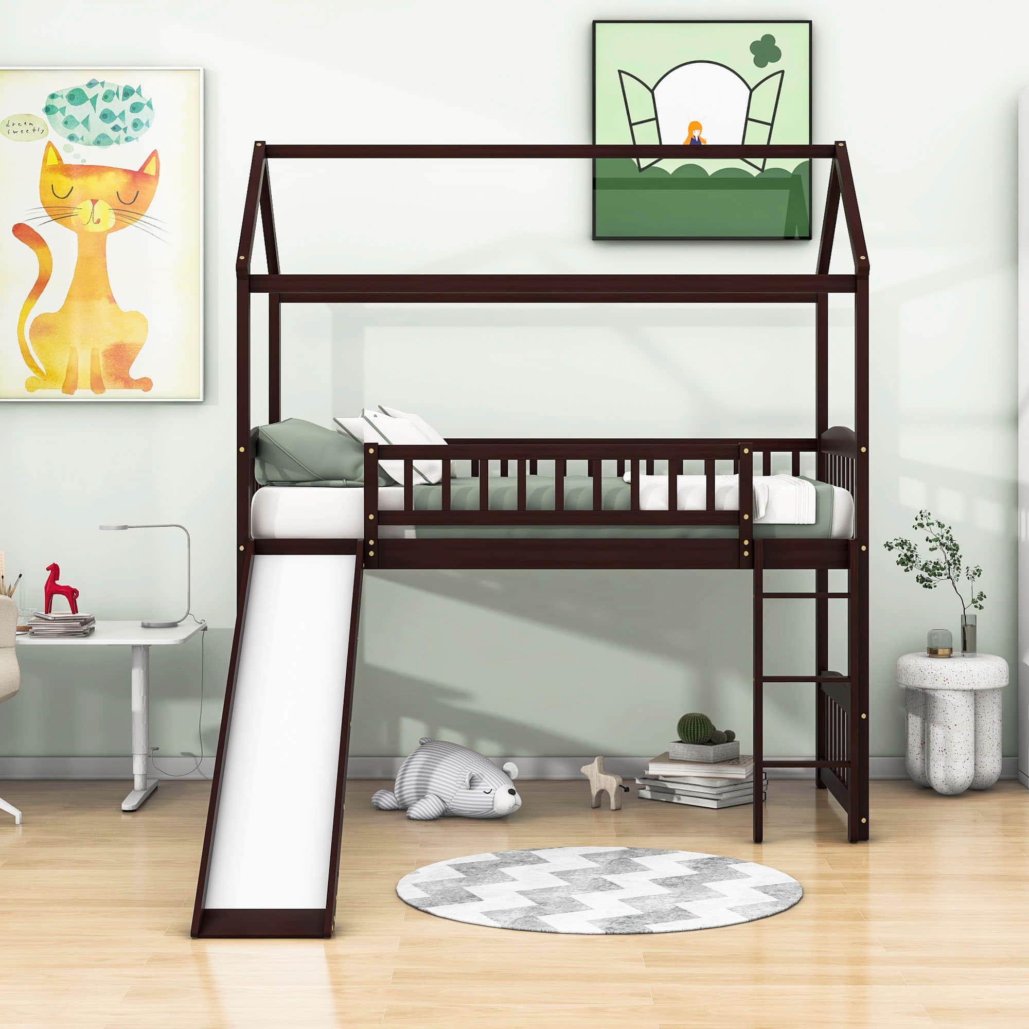 Twin Size Low House Loft Bed with Slide for Kids - [Wood]