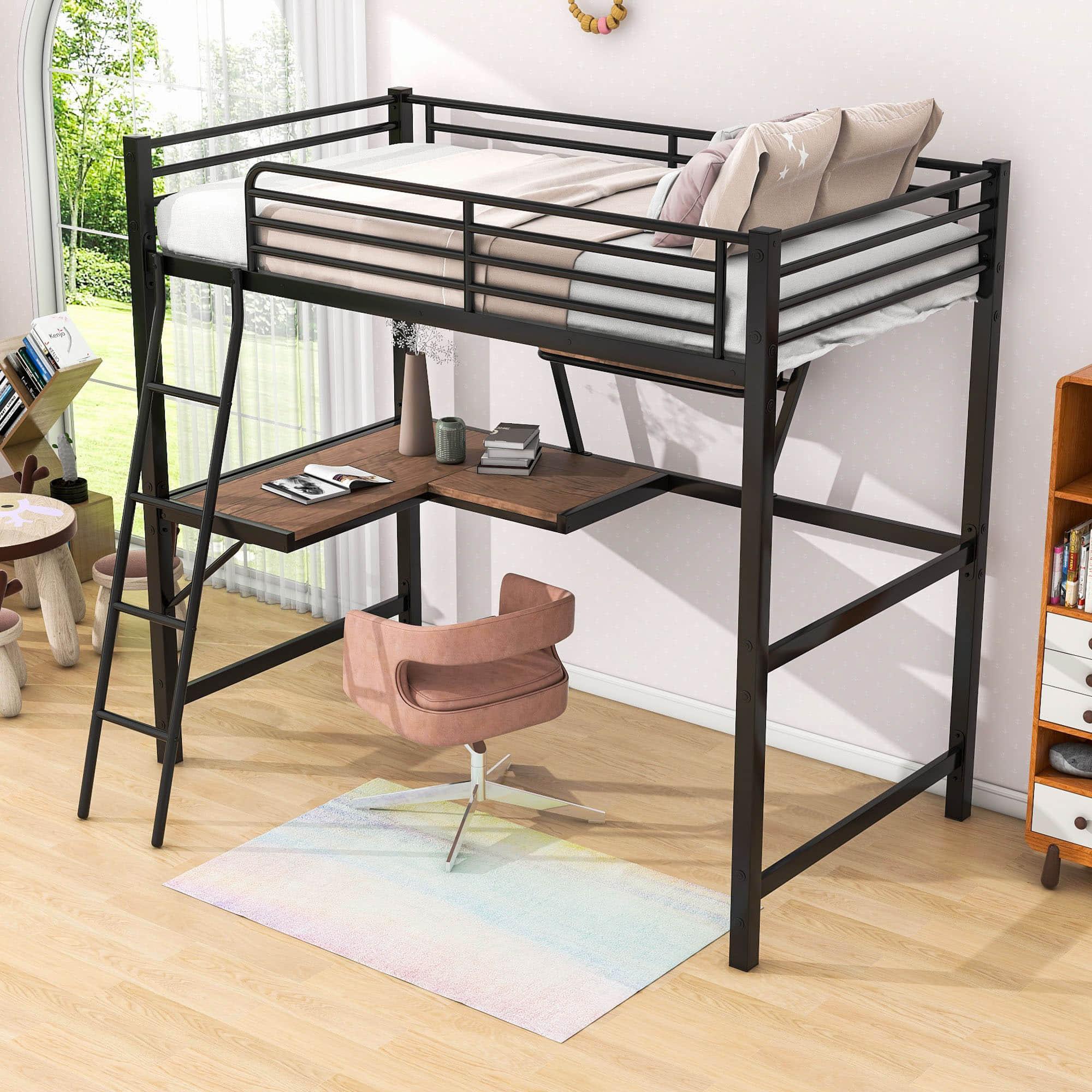 Metal Twin Loft Bed with Desk and Storage Shelf for Gamer, Adults