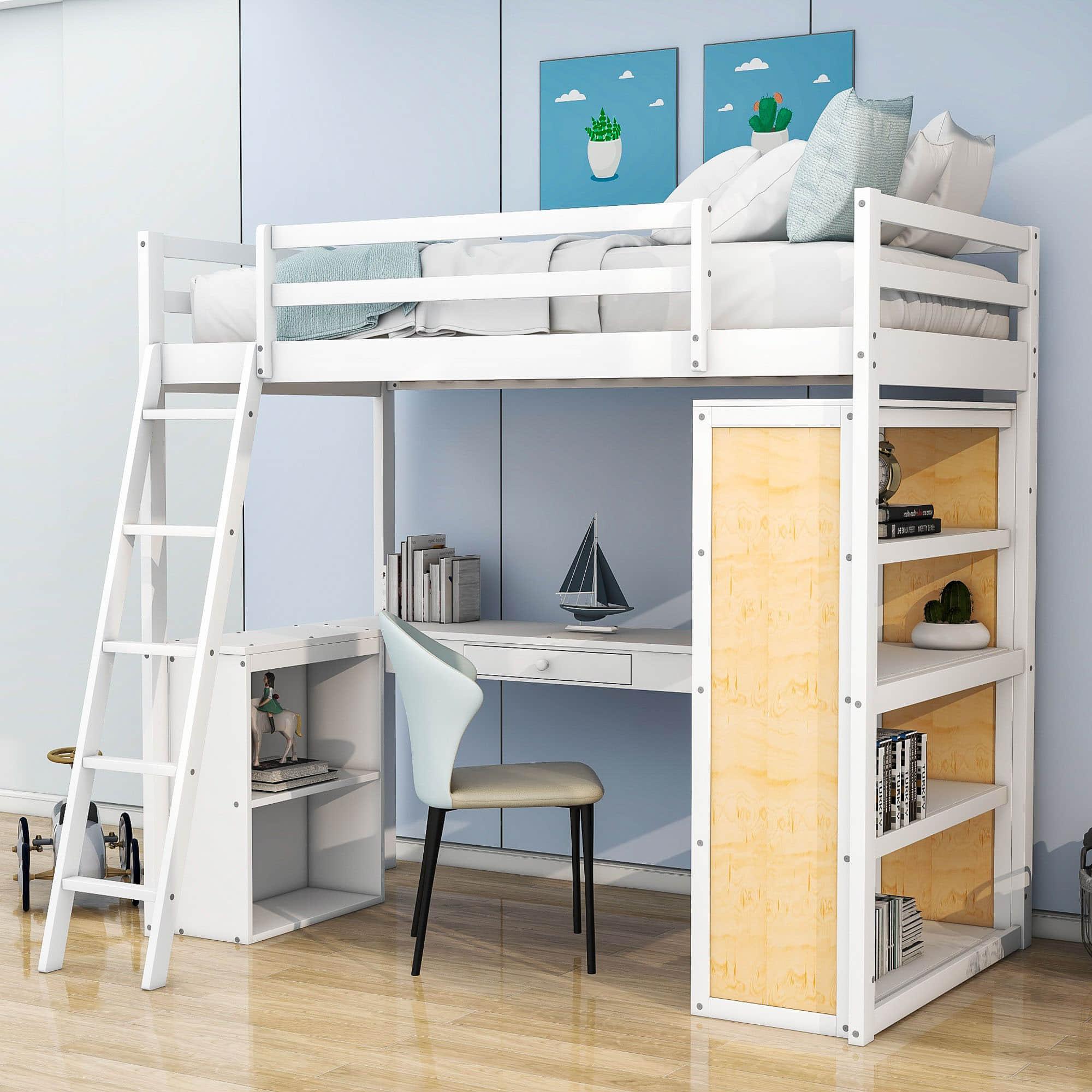 Twin Loft Bed with Desk and Storage Shelves for Adults, Teens