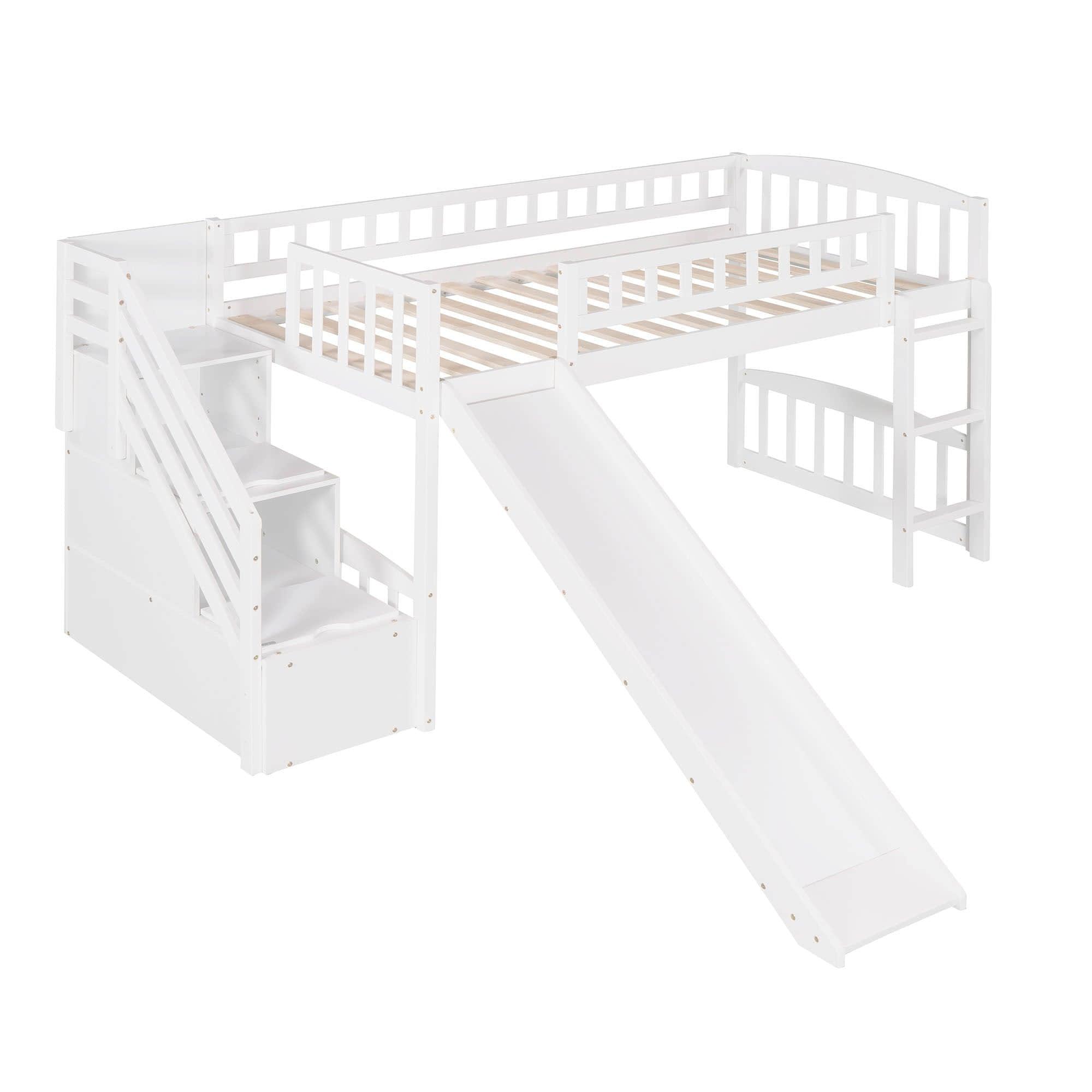 Low Twin Loft Bed with Storage Stairs and Slide - [Wood, Interchangeable]