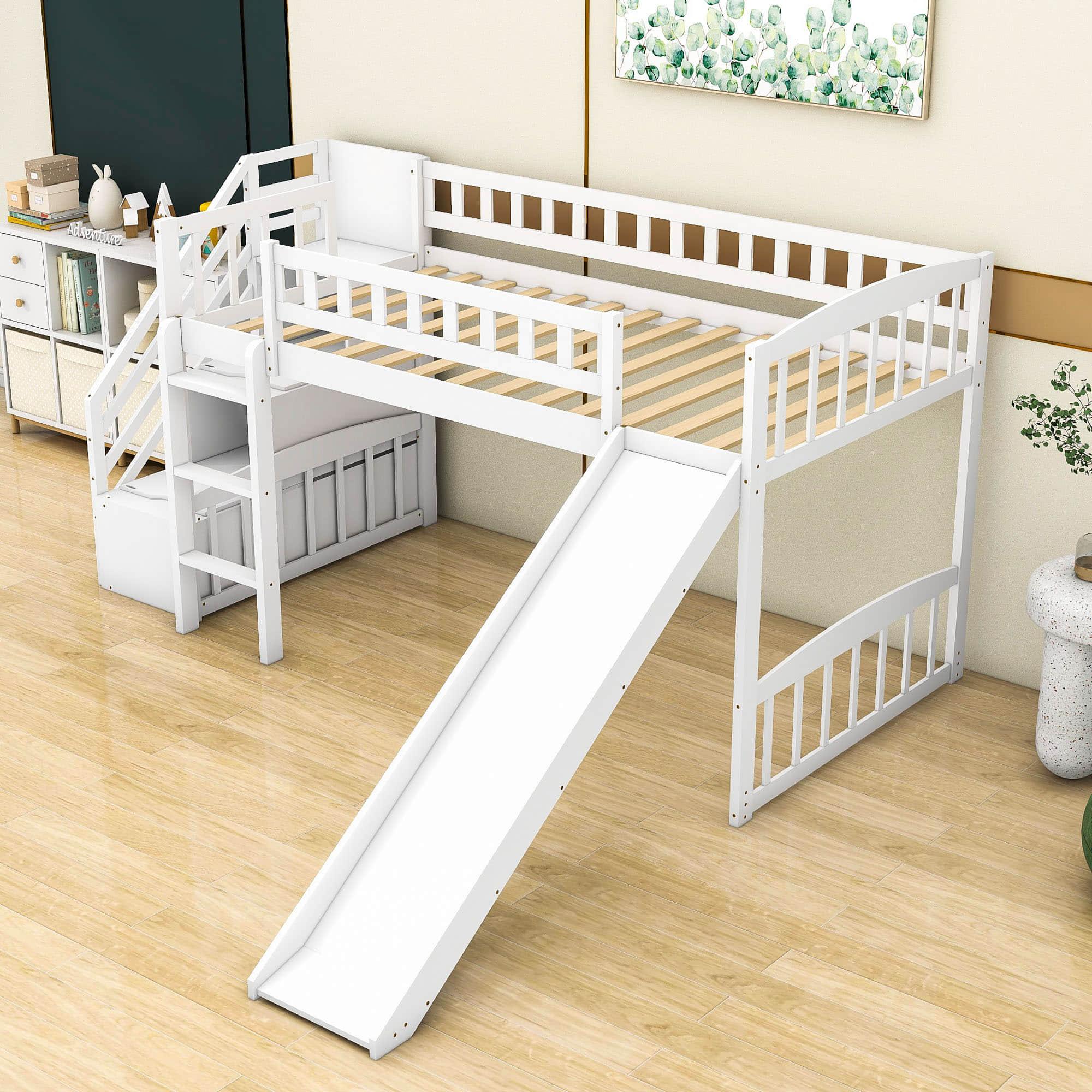 Low Twin Loft Bed with Storage Stairs and Slide - [Wood, Interchangeable]