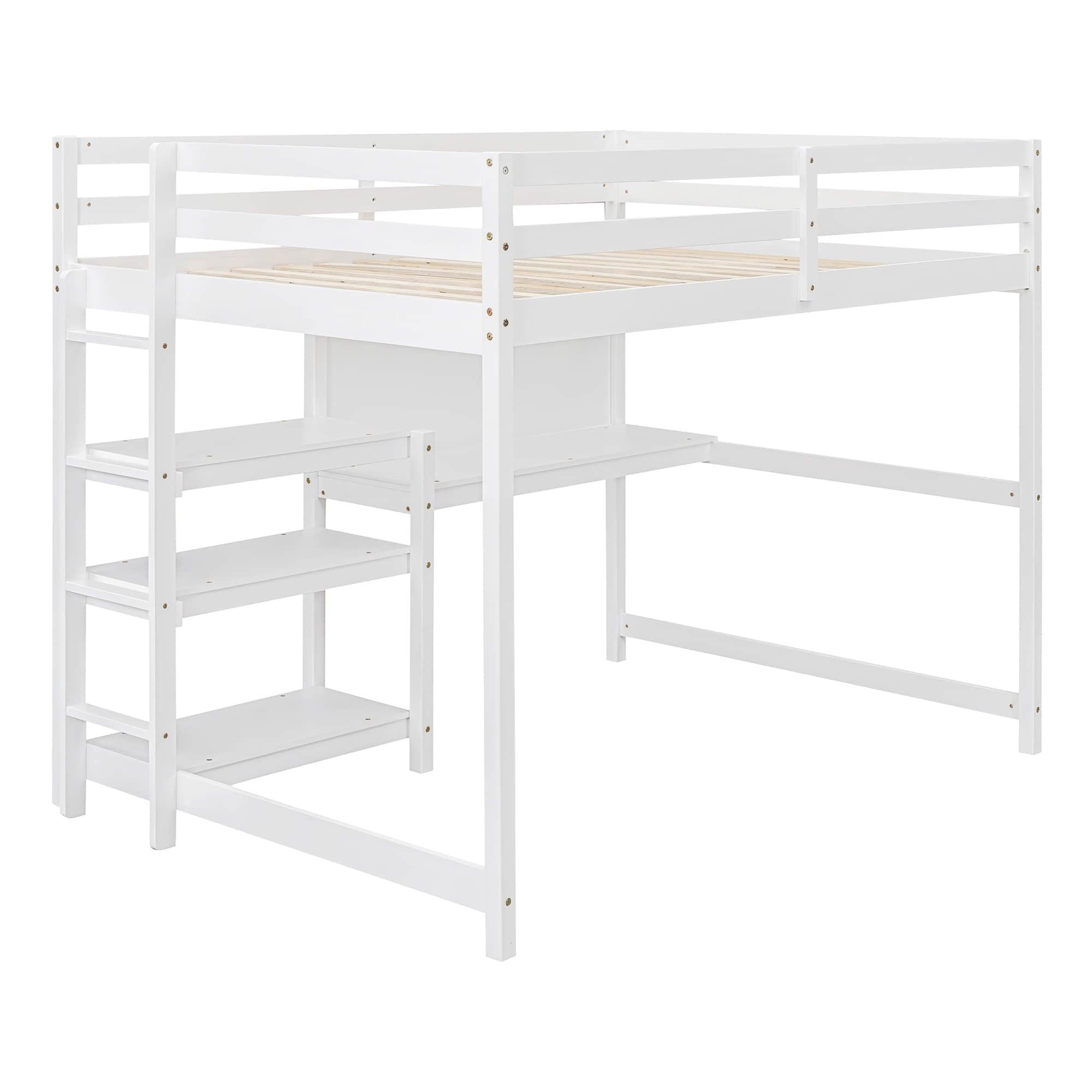 Wooden Full Loft Bed with Desk and Storage Shelves for Adult, Kids, Junior