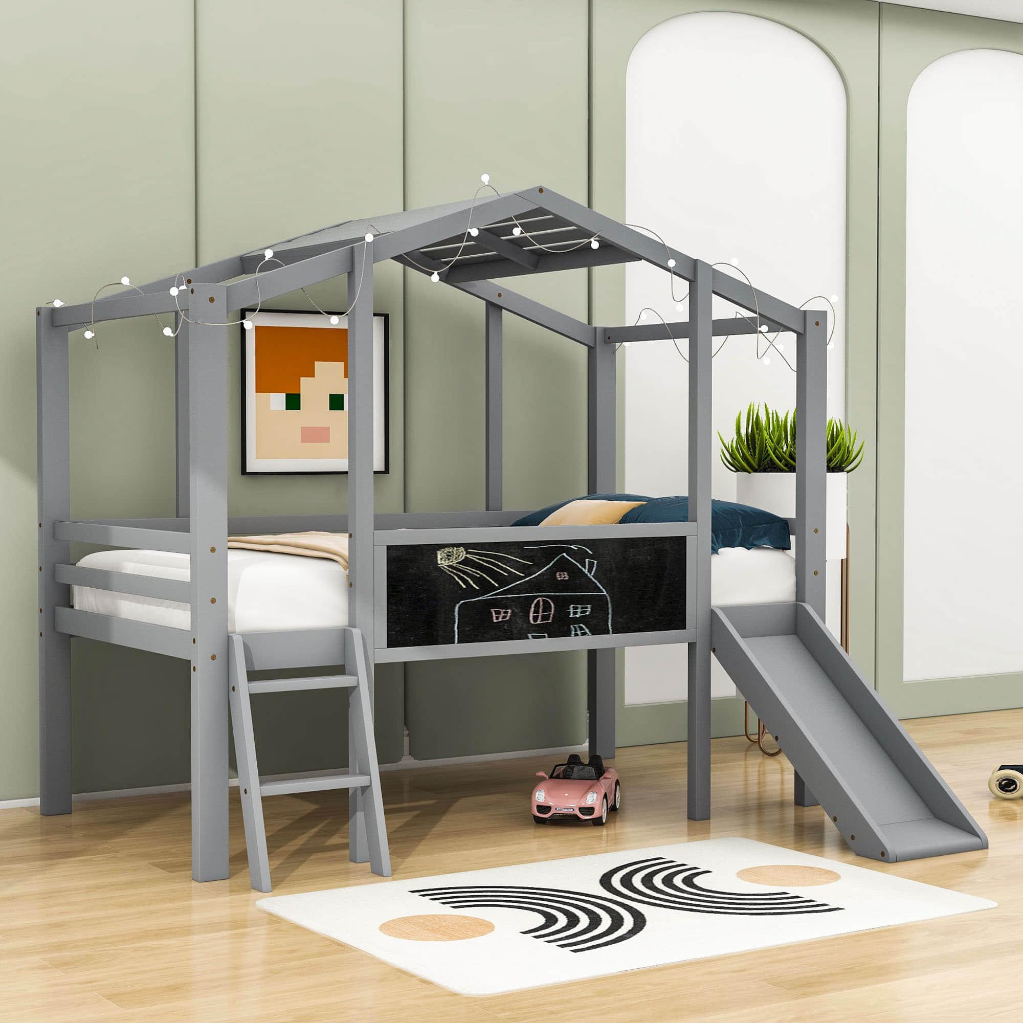 Twin House Low Loft Bed with Slide and Blackboard for Kids, Toddler - [Wood]