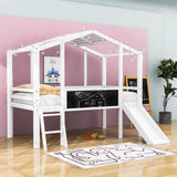 Twin House Low Loft Bed with Slide and Blackboard for Kids, Toddler - [Wood]