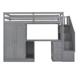 Twin Loft Bed with Desk and Storage Stairs, Drawers - [Wood, Wardrobe, Shelves]