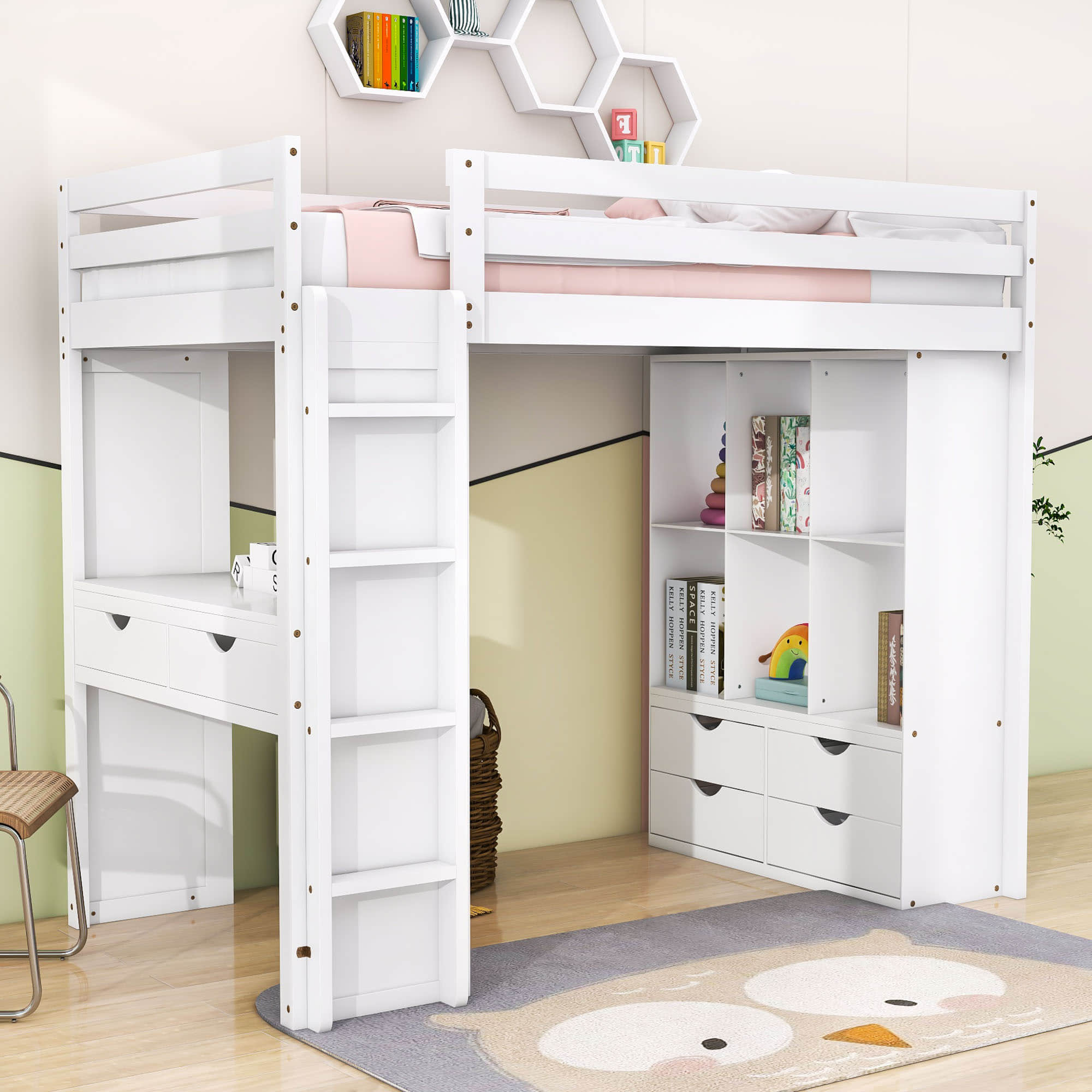 Modern Twin Loft Bed with Desk and Storage, LED Light for Adults, Teens