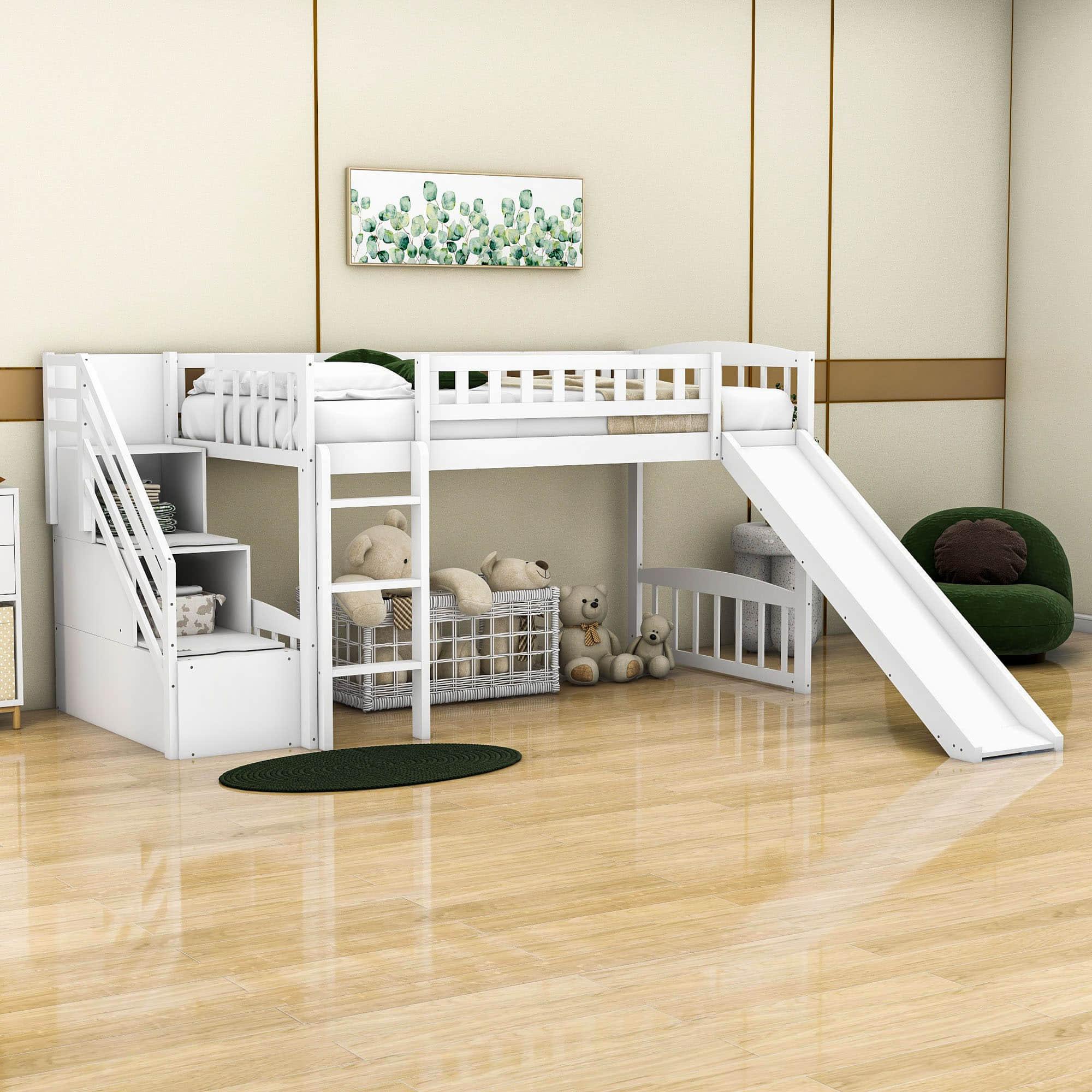 Low Twin Loft Bed with Storage Stairs and Slide - [Wood, Interchangeable]