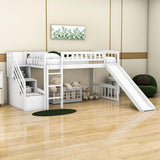 Low Twin Loft Bed with Storage Stairs and Slide - [Wood, Interchangeable]