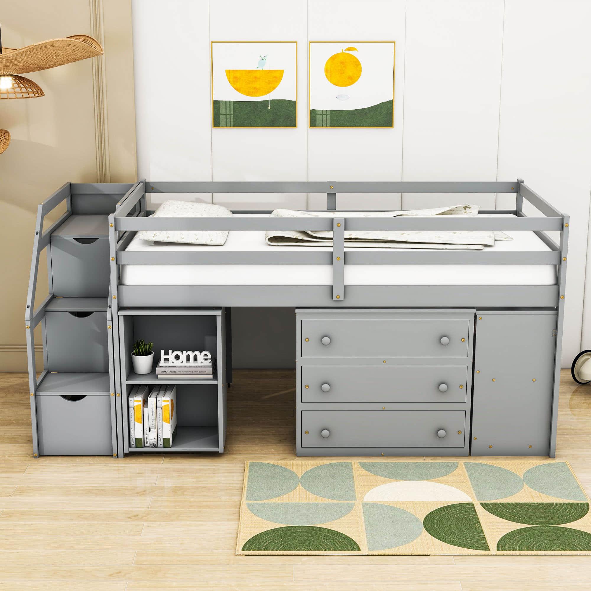 Low Twin Kids Loft Bed with Desk and Stairs, Storage - [Dresser]