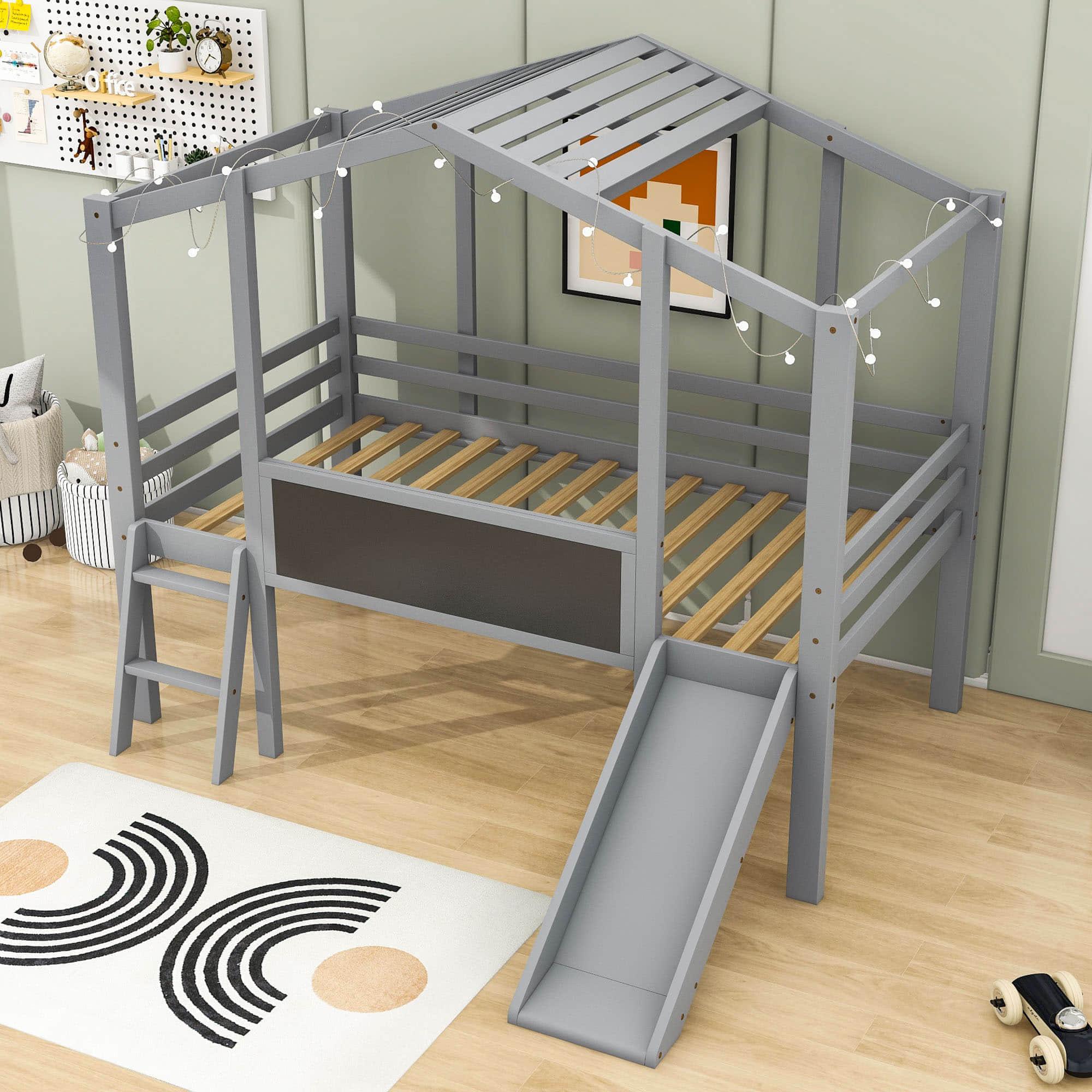 Twin House Low Loft Bed with Slide and Blackboard for Kids, Toddler - [Wood]