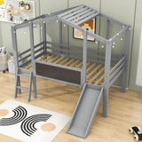 Twin House Low Loft Bed with Slide and Blackboard for Kids, Toddler - [Wood]