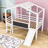 Twin House Low Loft Bed with Slide and Blackboard for Kids, Toddler - [Wood]