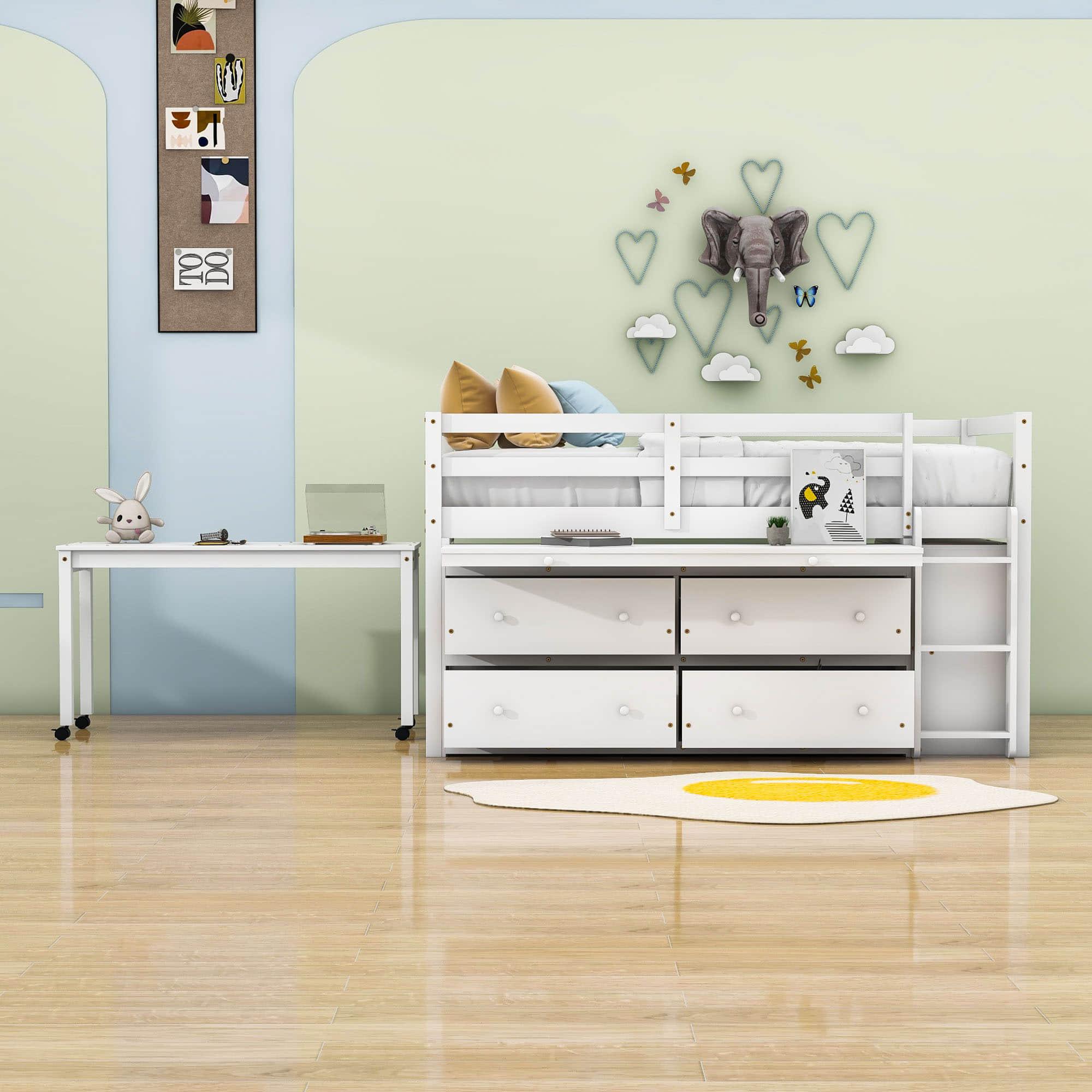 Low Twin Loft Bed with Desk and Storage Drawers for Kids, Toddler