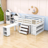 Montessori Full Low Loft Bed with Desk and Storage for Kids - [Shelves, Dresser, Drawers, Ladder, Wood]