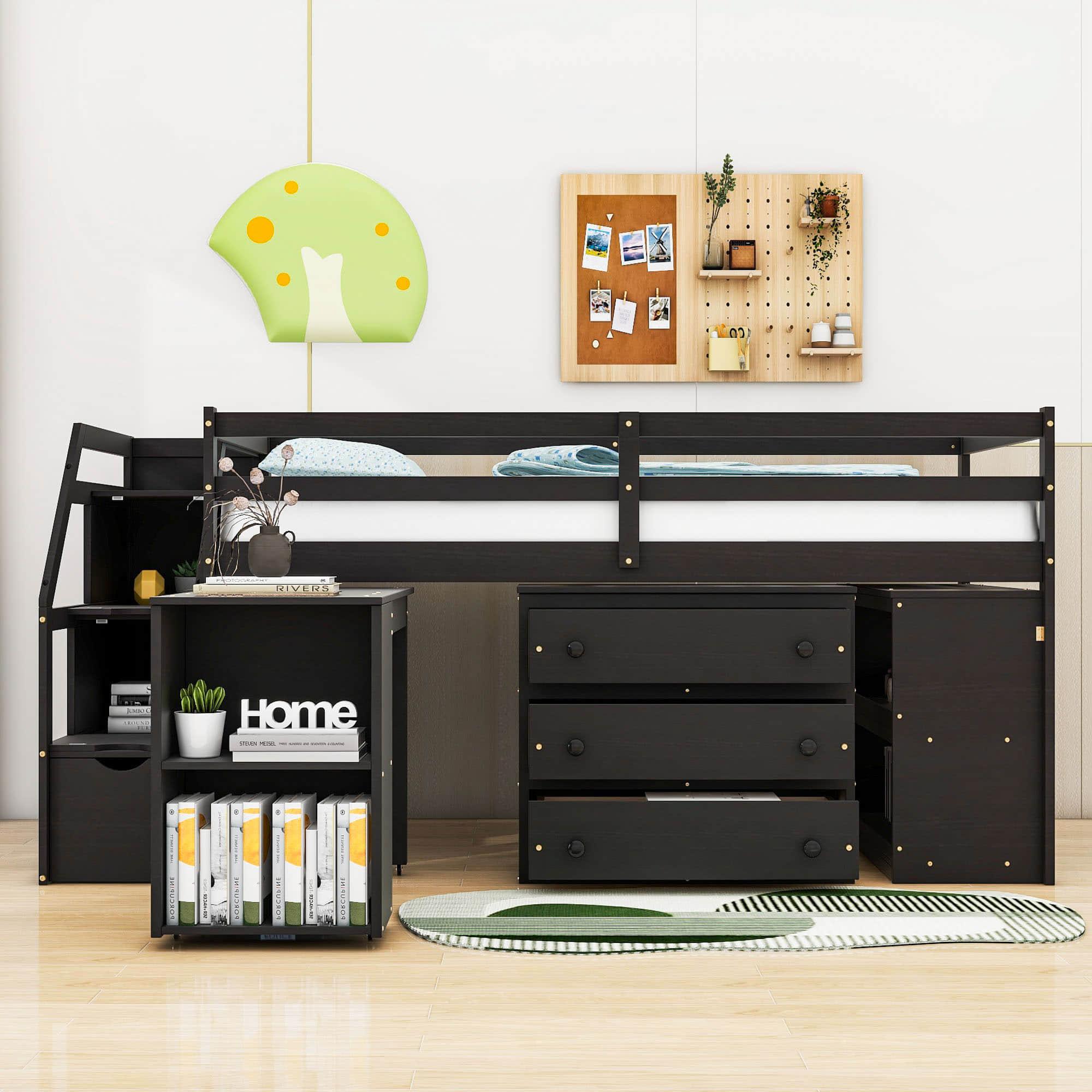 Low Twin Kids Loft Bed with Desk and Stairs, Storage - [Dresser]