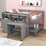 Kids Full Size Low Loft Bed with Portable Desk and Storage - [Wood, Drawers, Shelves]