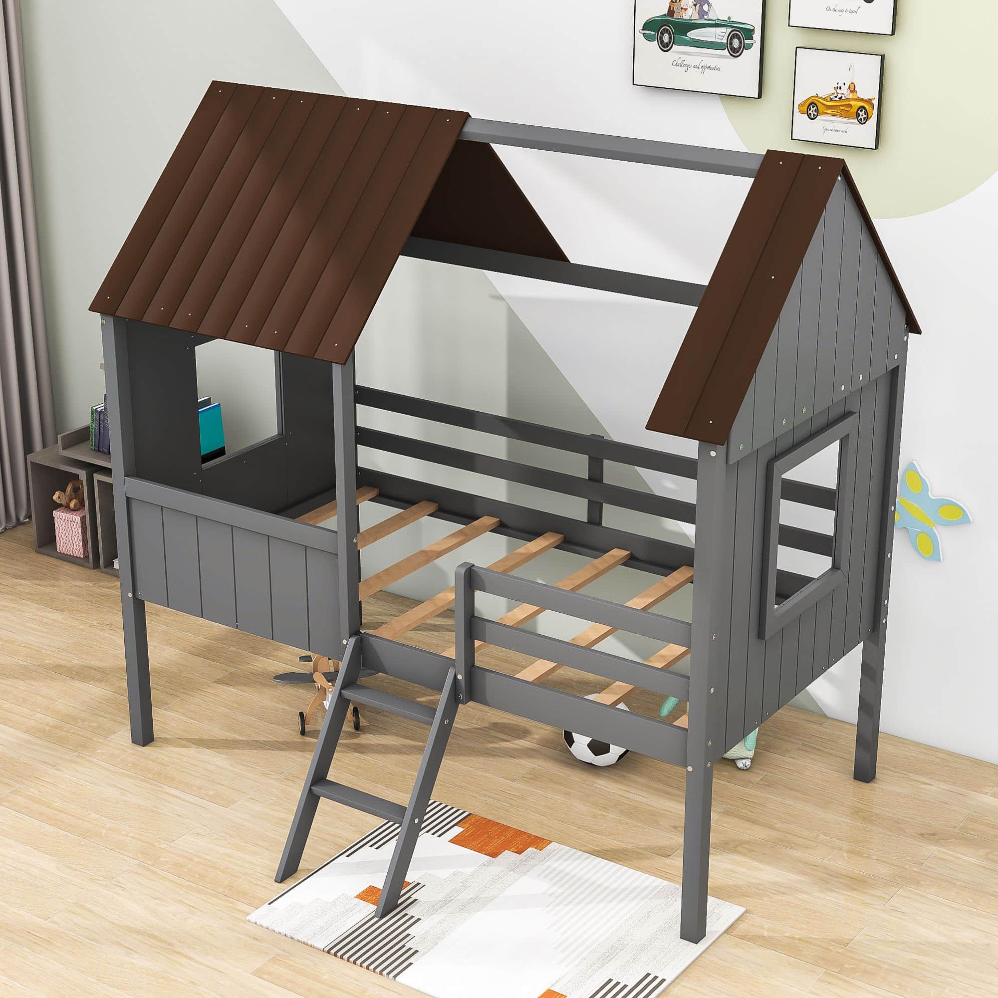 Low Twin Loft House Bed for Kids, Toddler - [Wood, Fun]